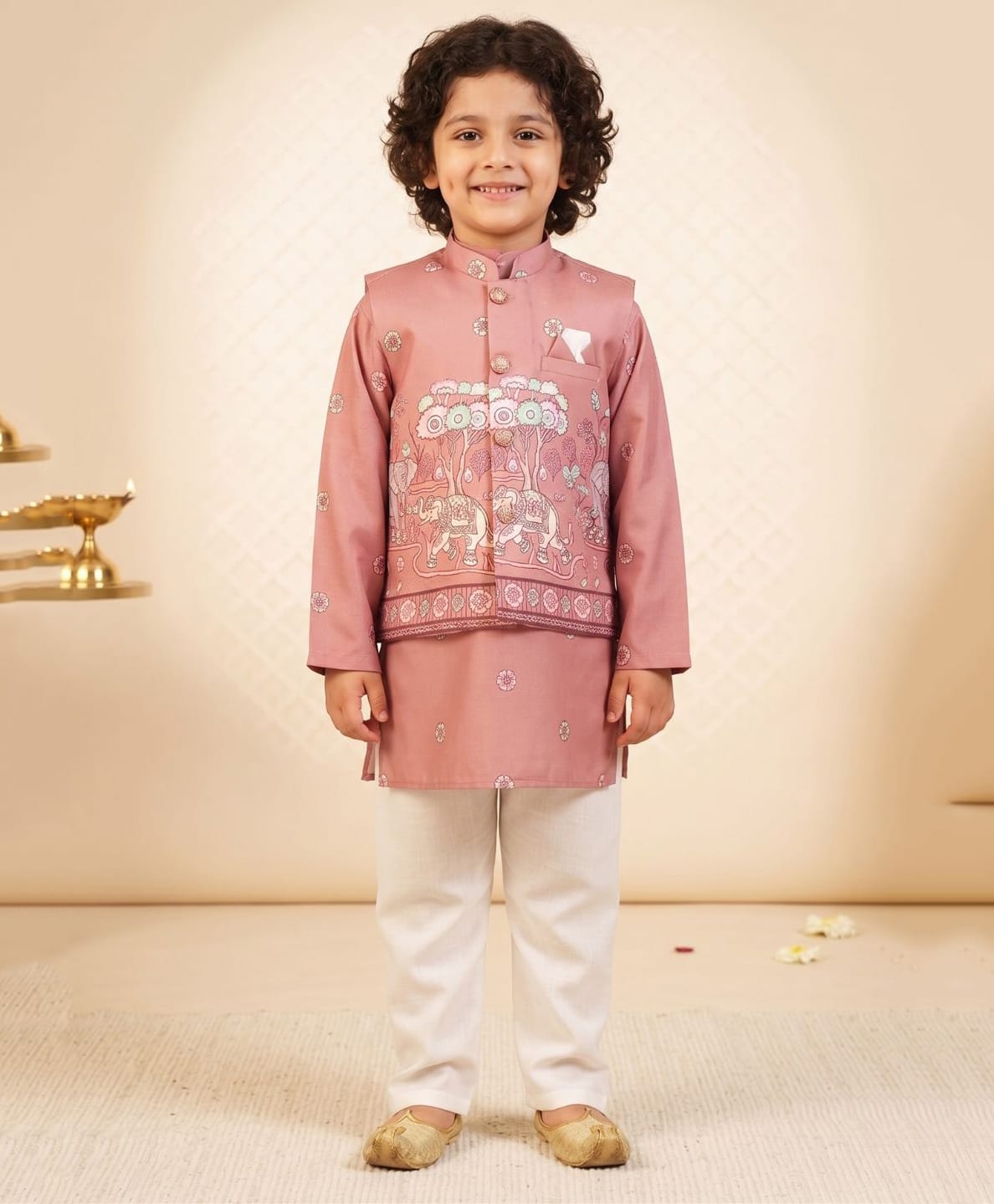 AJ Dezines Cotton Woven Full Sleeves Elephant & Floral Printed Kurta & Pyjama Set With Jacket - Pink-picture-17