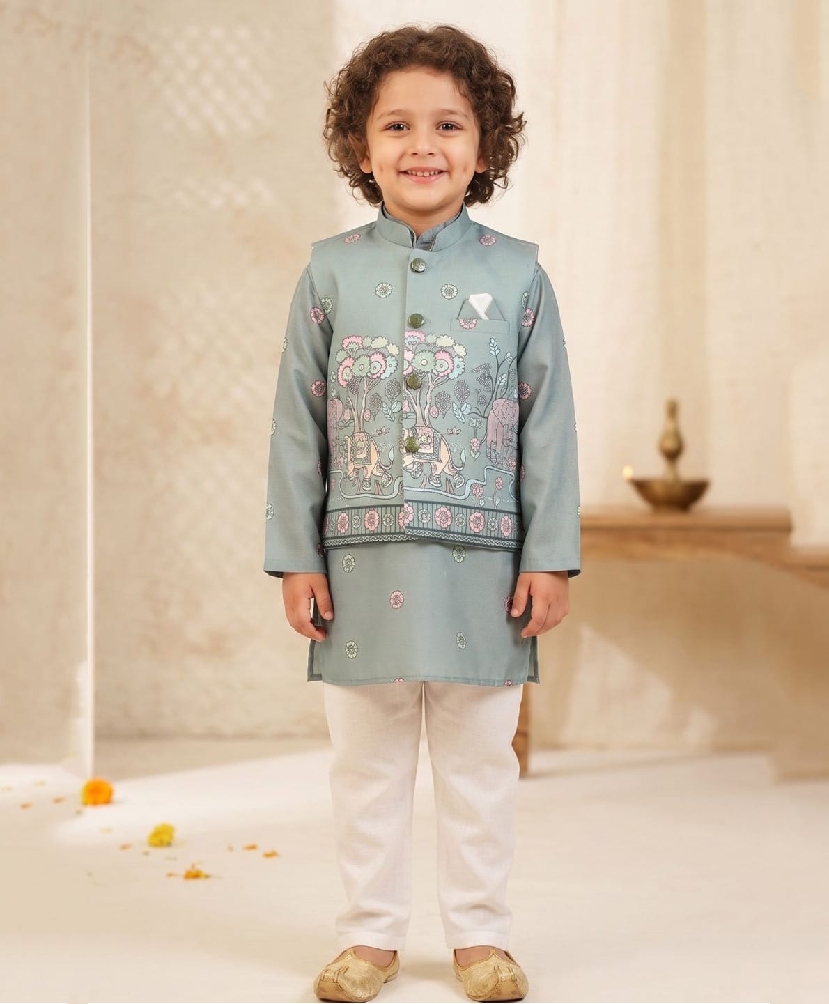 AJ Dezines Cotton Woven Full Sleeves Elephant & Floral Printed Kurta & Pyjama Set With Jacket - Green-picture-8