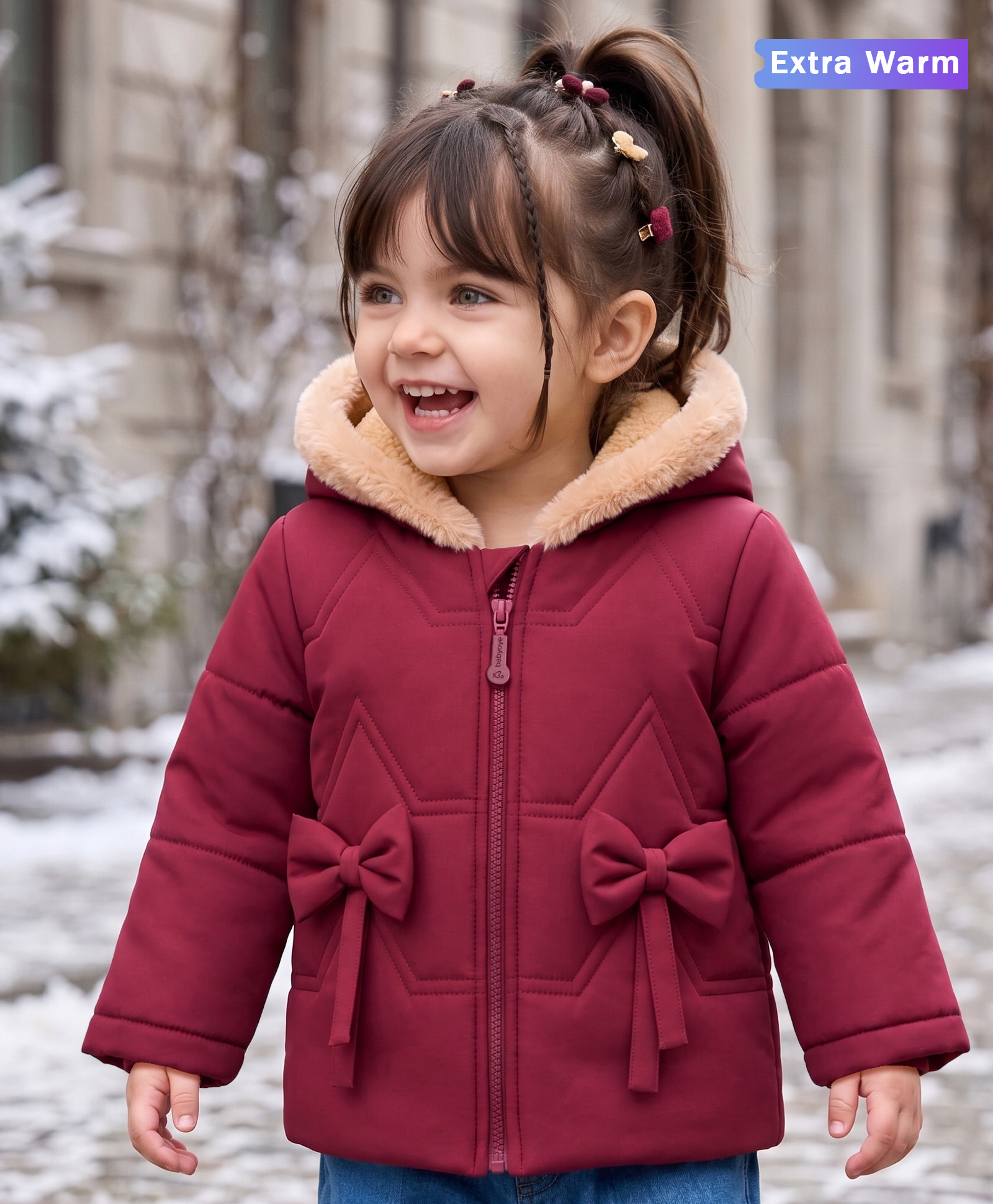 Babyoye Woven Full Sleeves Hooded Padded Solid Colour Jacket with Inner Lining & Bow Applique -Dark Red-image-26