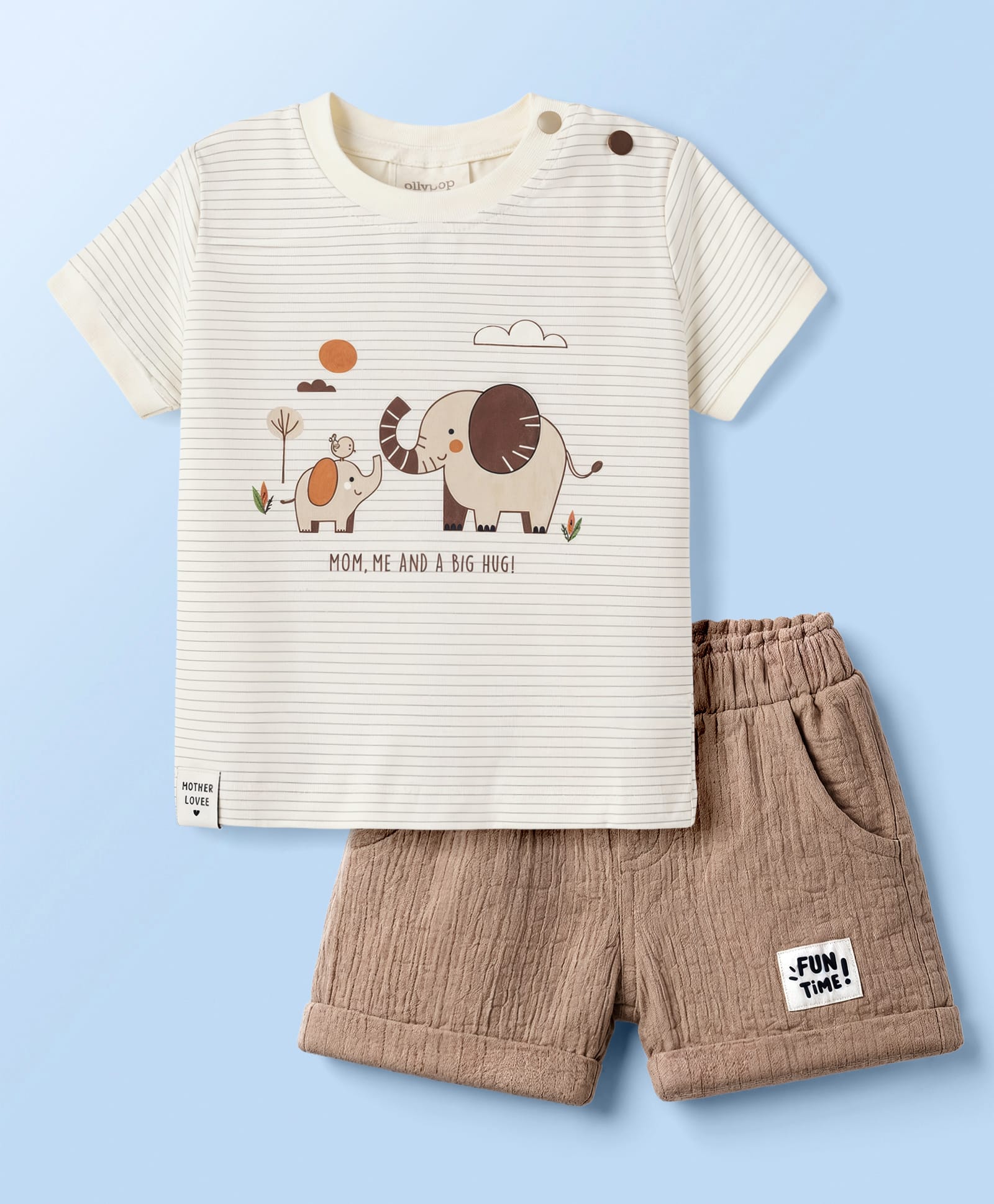 Ollypop Sinker Knit Half Sleeves Striped T-Shirt With Elephant Print & Shorts Set - Beige-image-7
