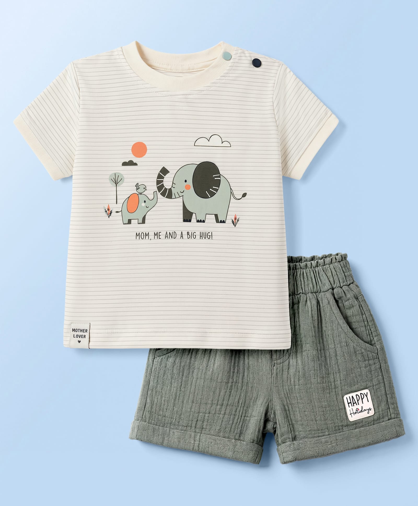 Ollypop Sinker Knit Half Sleeves Striped T-Shirt With Elephant Print & Shorts Set - Light Green-picture-2