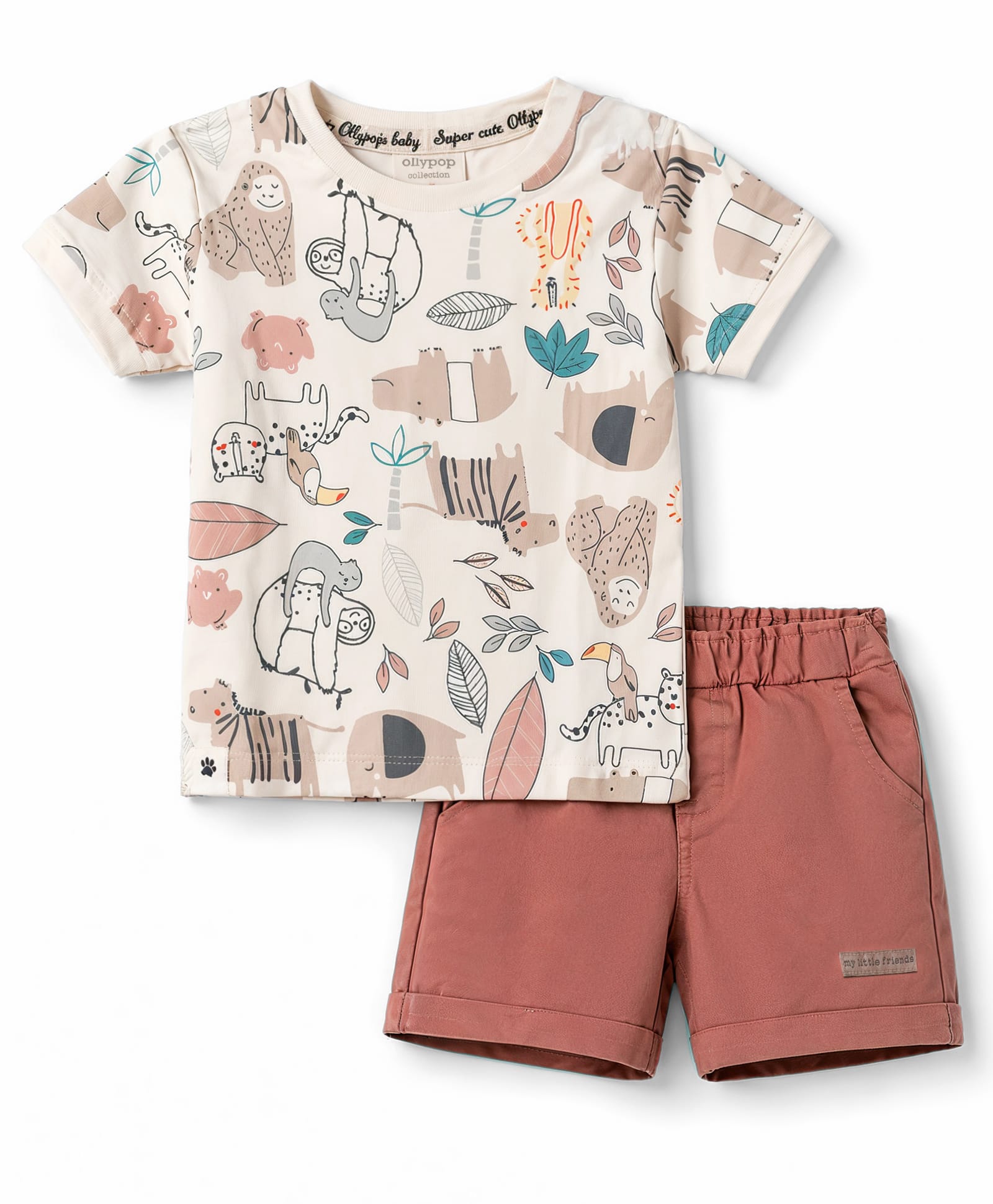 Ollypop Sinker Knit Half Sleeves T-Shirt & Shorts Set With Animal Print- Pink-picture-3