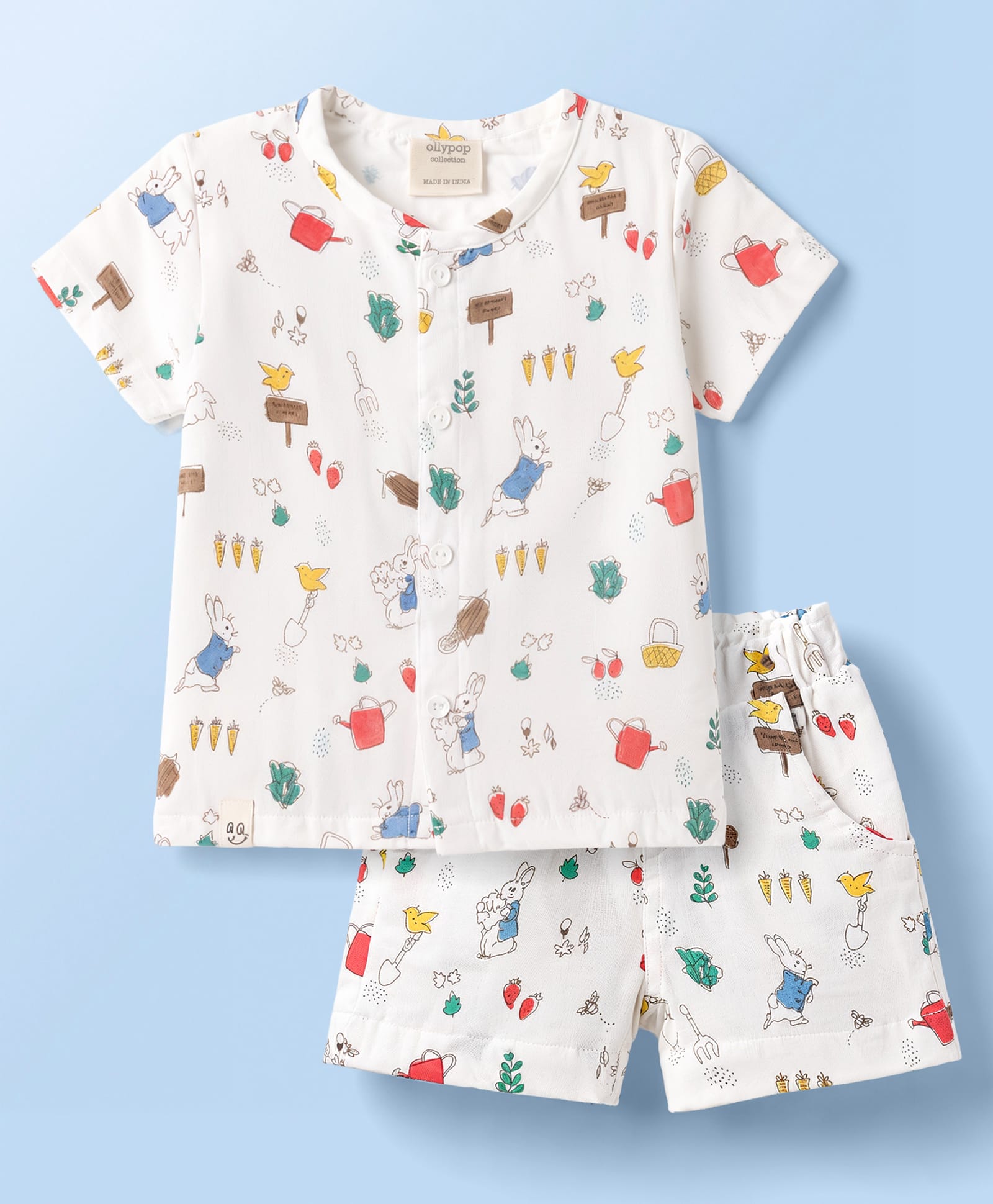 Ollypop Muslin Knit Half Sleeves Bunny Printed Co-Ords T-Shirt & Shorts Night Suit - White-picture-30