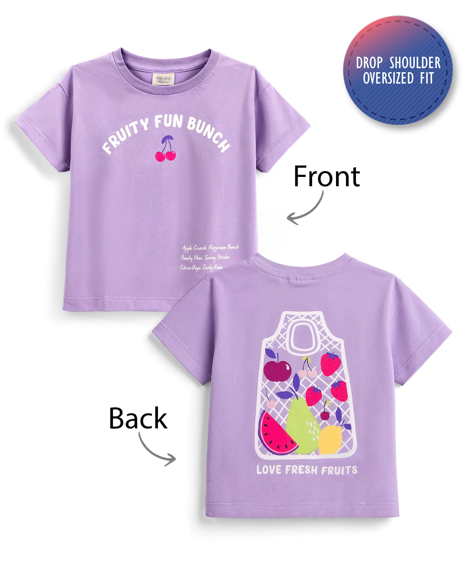 Ollypop Sinker Knit Half Sleeves Oversized Drop Shoulder T-Shirt with Front & Back Fruits Print - Mauve-image-2