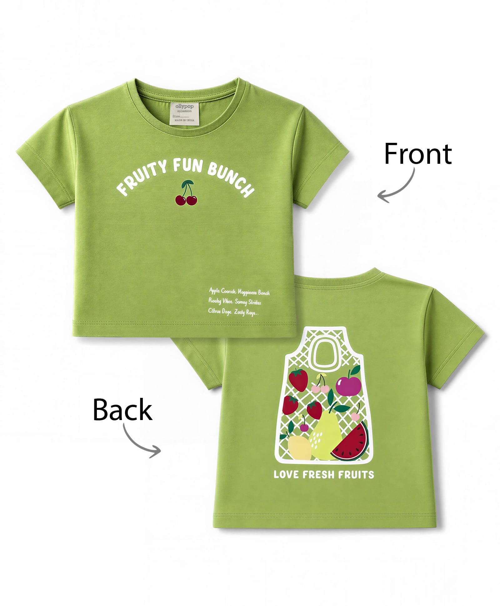 Ollypop Sinker Knit Half Sleeves Oversized Drop Shoulder T-Shirt with Front & Back Fruits Print - Green-picture-26