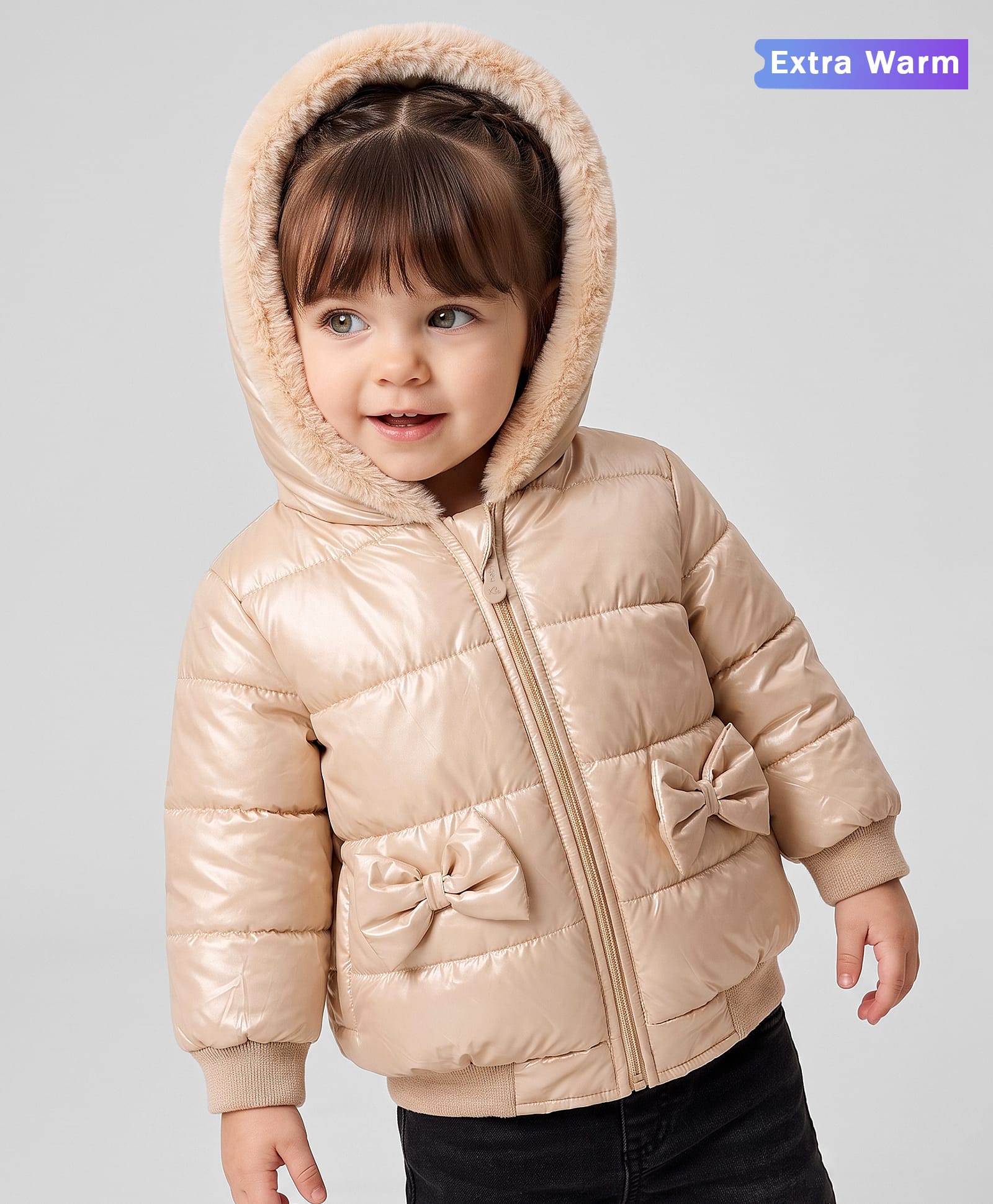 Babyoye Woven Full Sleeves Hooded Padded Jacket with Inner Lining & Bow Applique - Peach-image-1