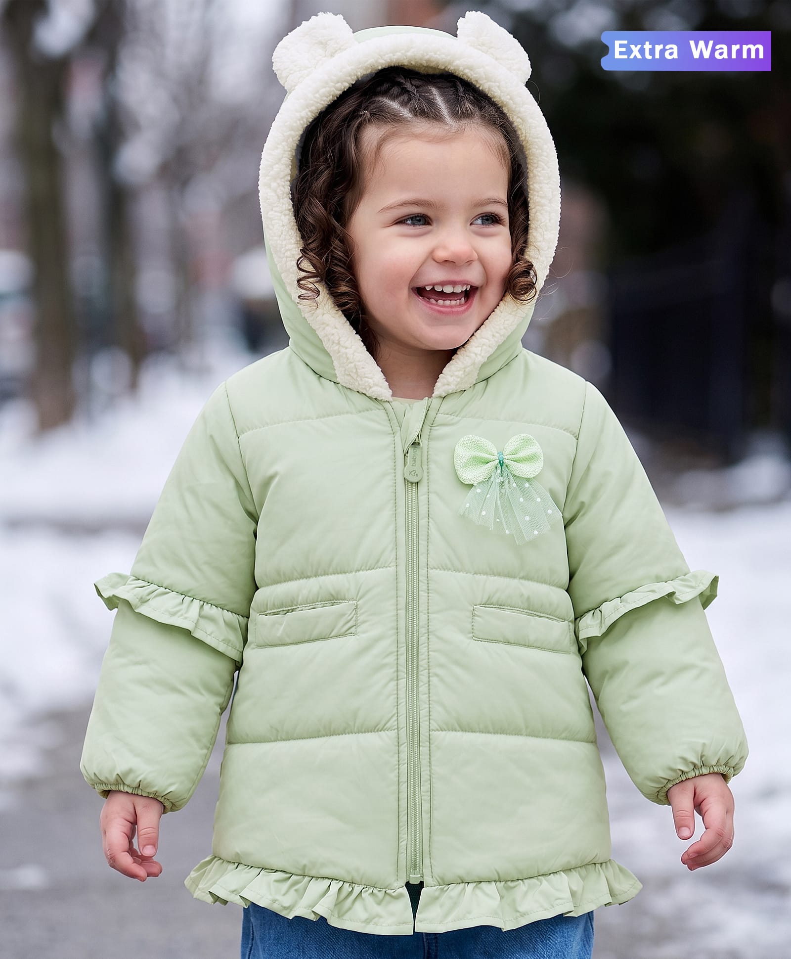 Babyoye Woven Full Sleeves Hooded Padded Jacket with Bow & Ear Applique - Sea Green-image-41