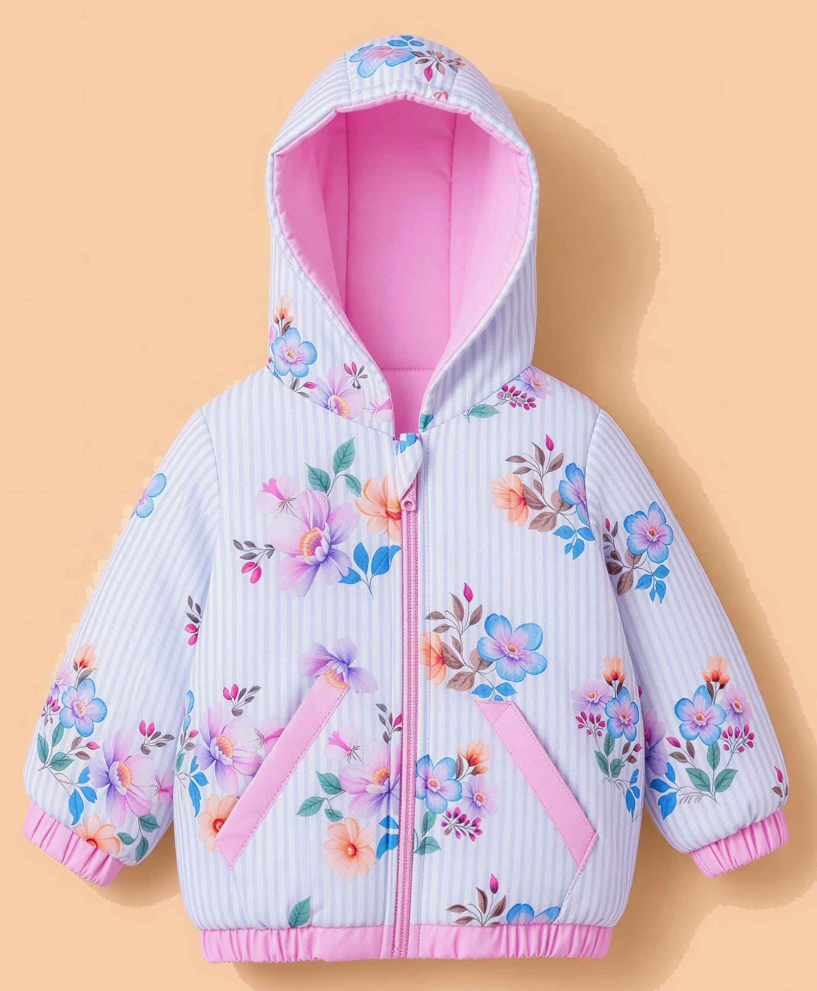 Babyoye Woven Full Sleeves Hooded Floral Printed Winter Jacket with Lining - Lavender-picture-29