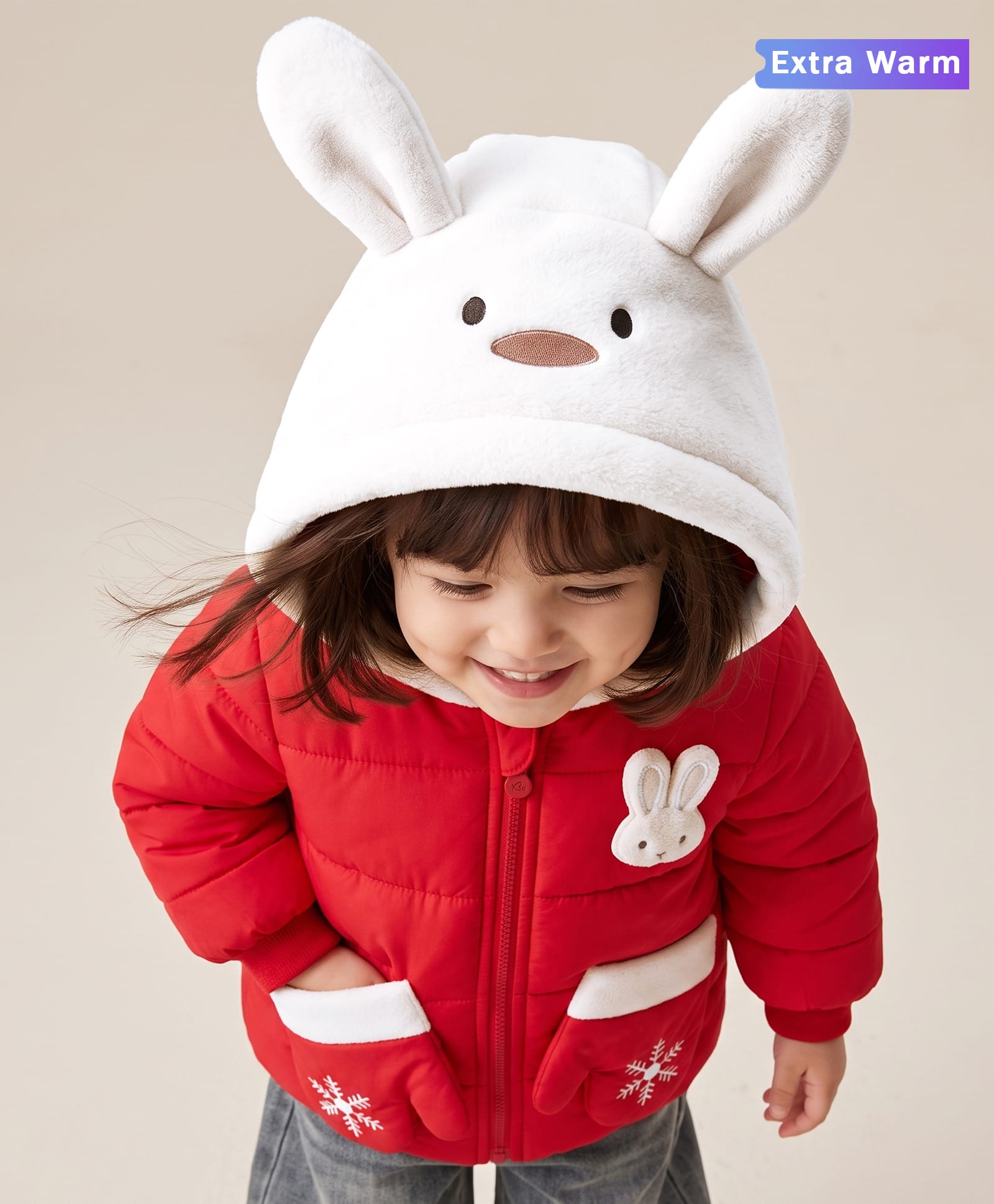 Babyoye Cotton Woven Full Sleeves Hoodies With Mittens and Rabbit Applique - Red-image-14