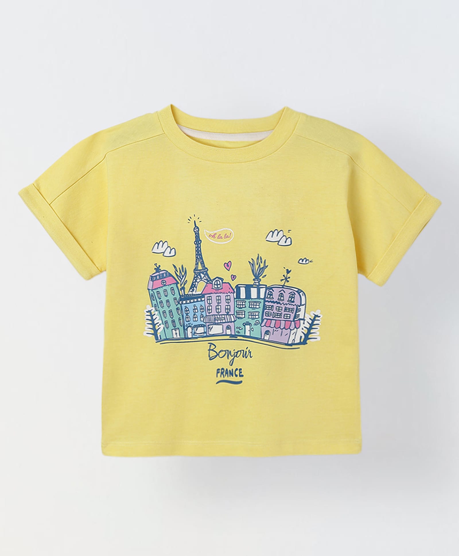 Spunkies Cotton Blend Woven Half Sleeves France Printed Top - Yellow-picture-18