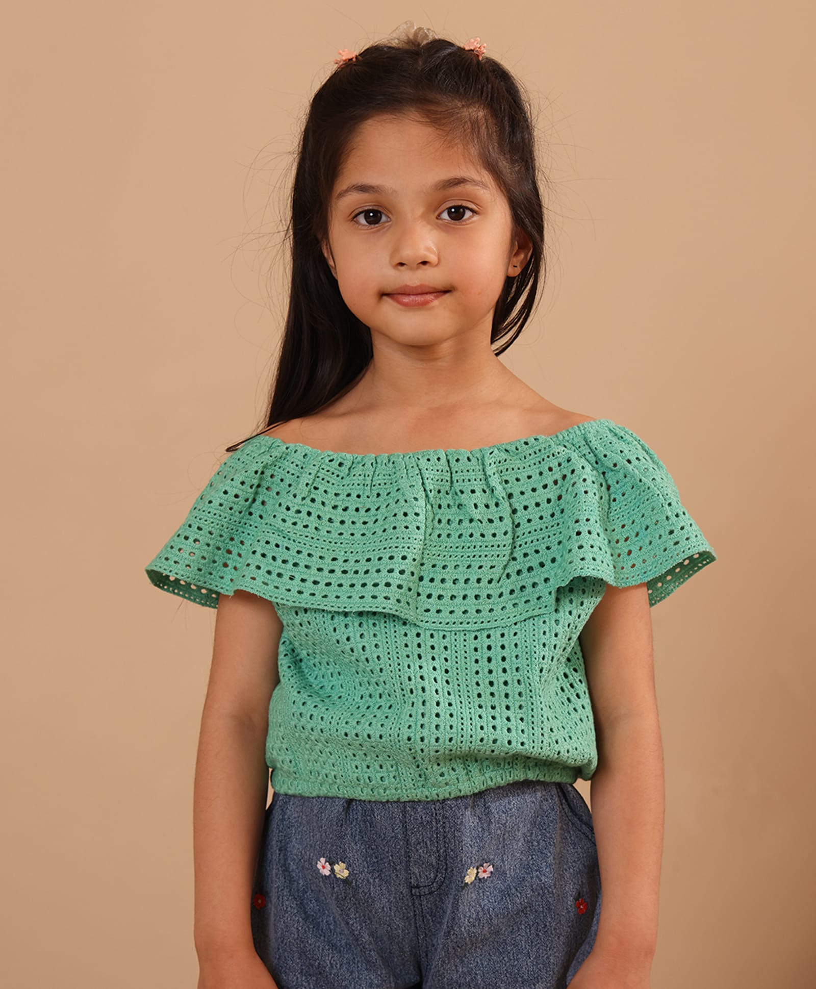 Spunkies Cotton Woven Half Sleeves Lace Detailed Top - Green-image-13