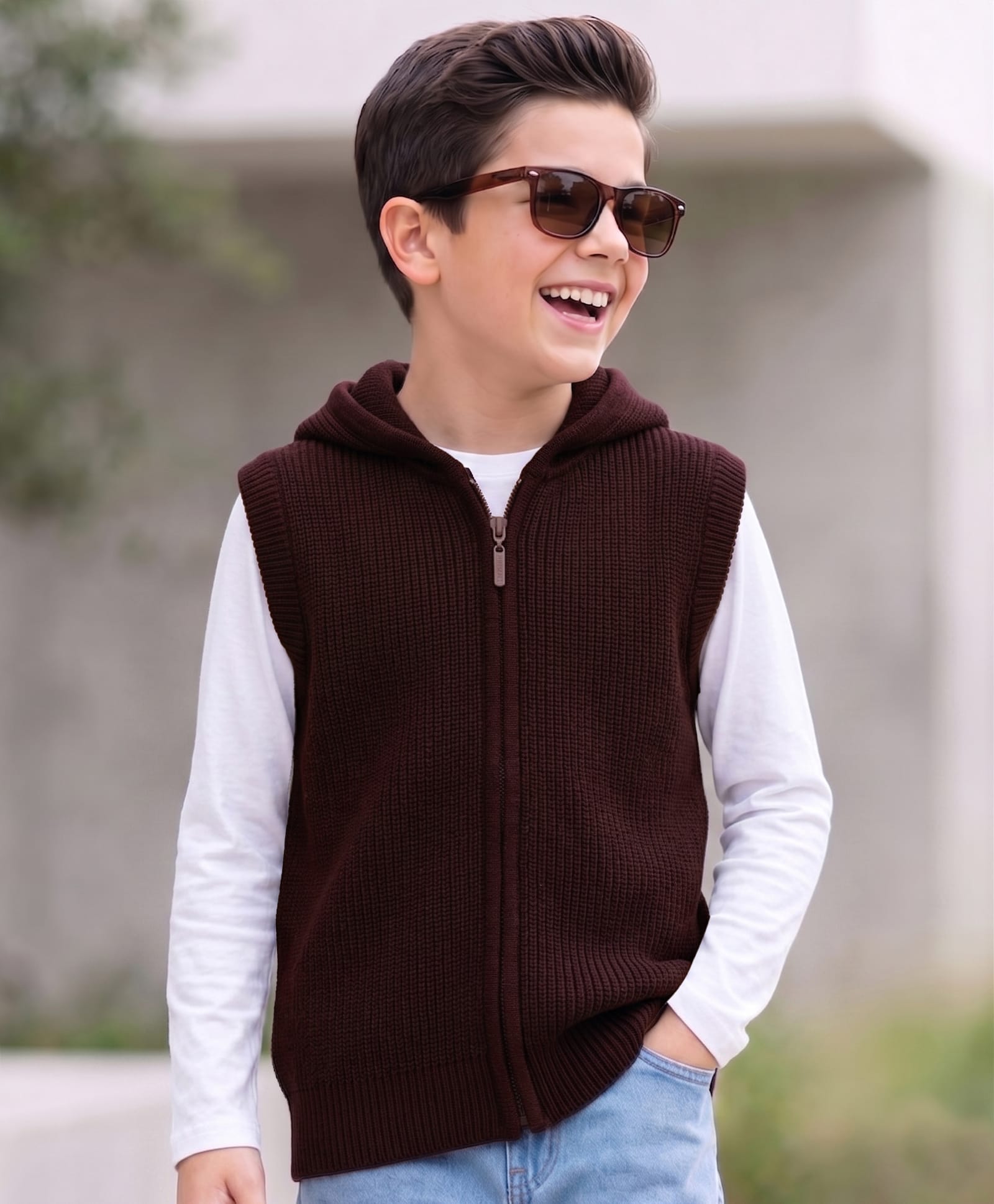 Pine Kids Knit Sleeveless Front Open Hooded Sweater - Brown-picture-10