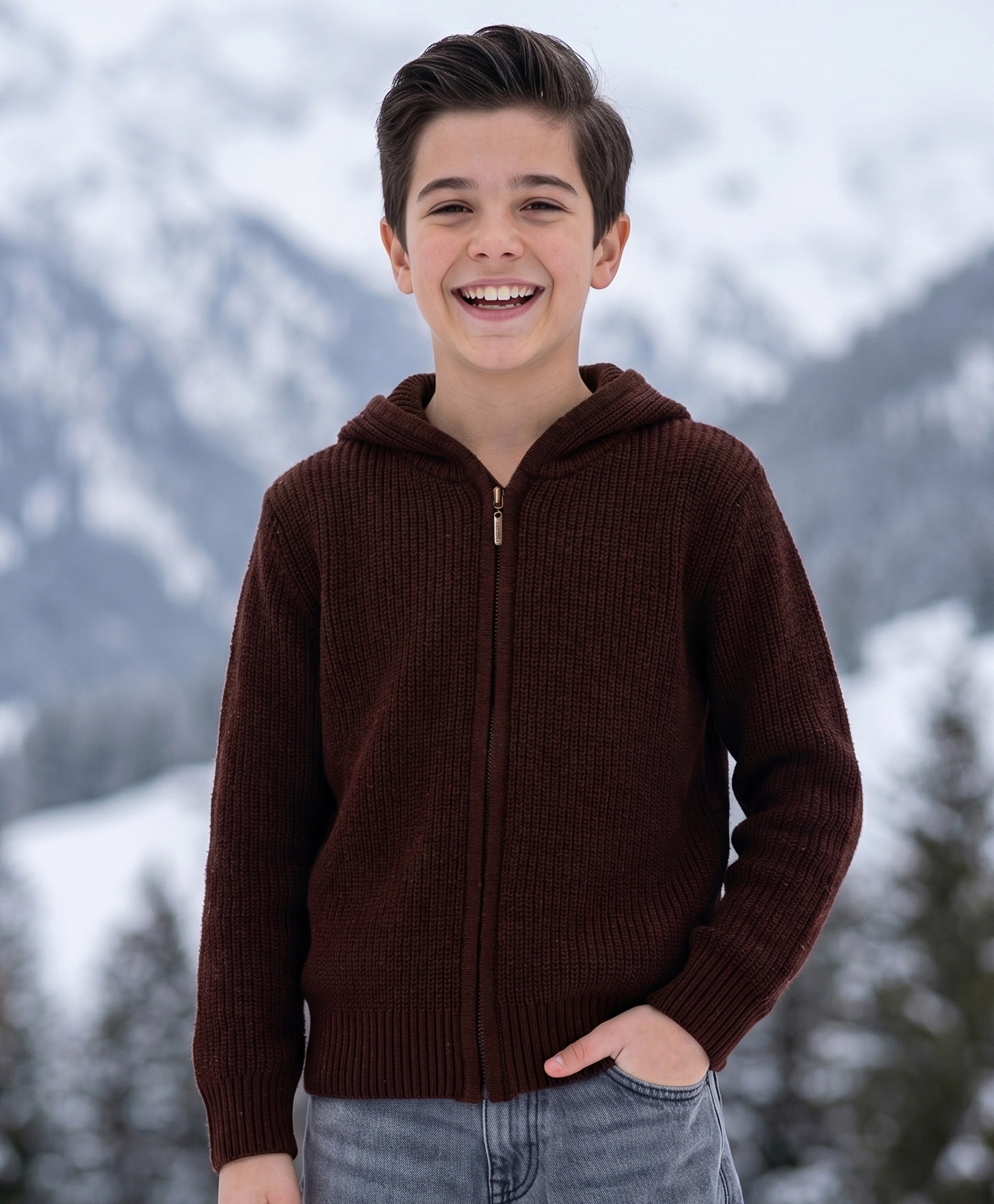 Pine Kids Knit Full Sleeves Front Open Hooded Sweater - Brown-picture-39