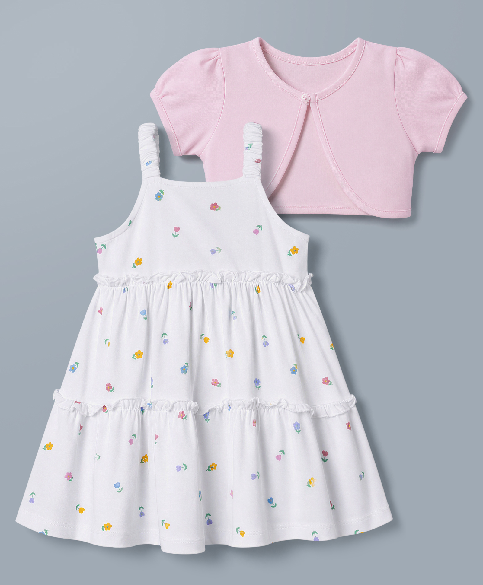 Babyhug Single Jersey Knit Half Sleeves Shrug With Floral Printed & Tiered Frock - White-image-13
