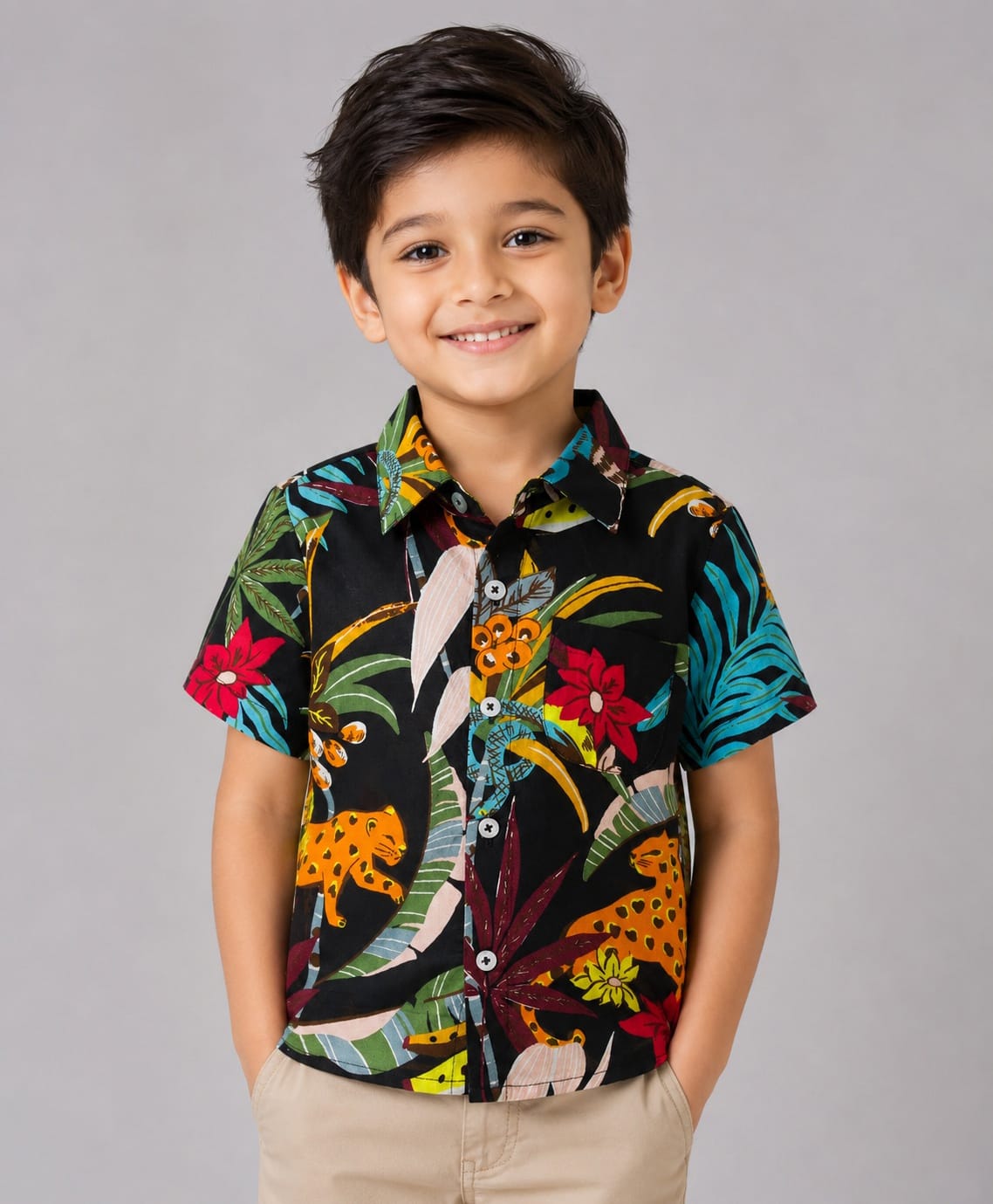 CrayonFlakes Cotton Woven Half Sleeves Jungle Theme Printed Shirt - Black-image-20
