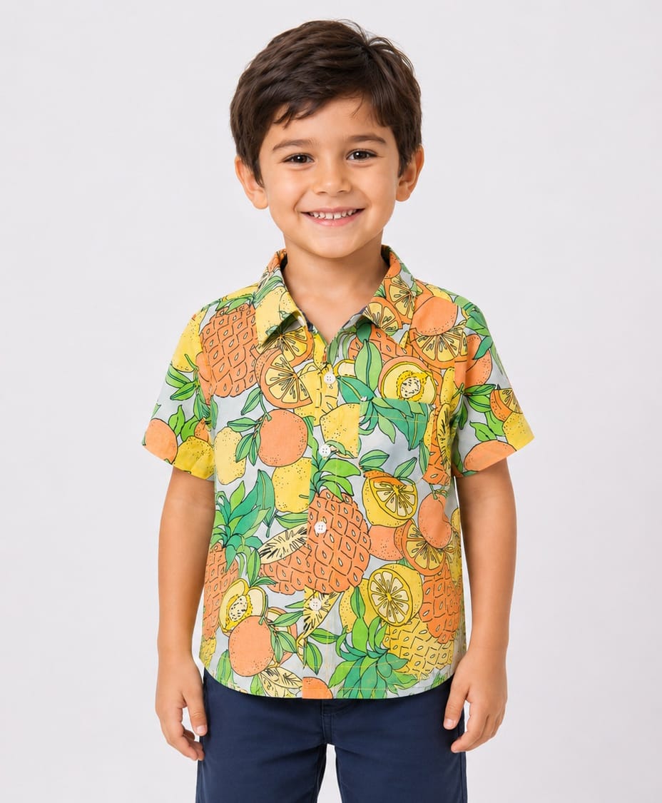 CrayonFlakes Cotton Woven Half Sleeves Fruits Printed Shirt - White-picture-22