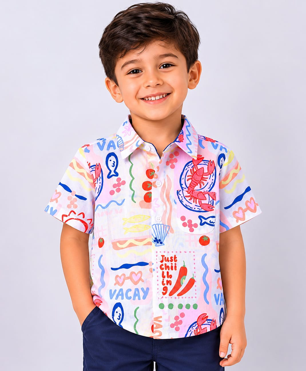 CrayonFlakes Cotton Woven Half Sleeves Sea Life & Typography Printed Shirt - White-picture-49