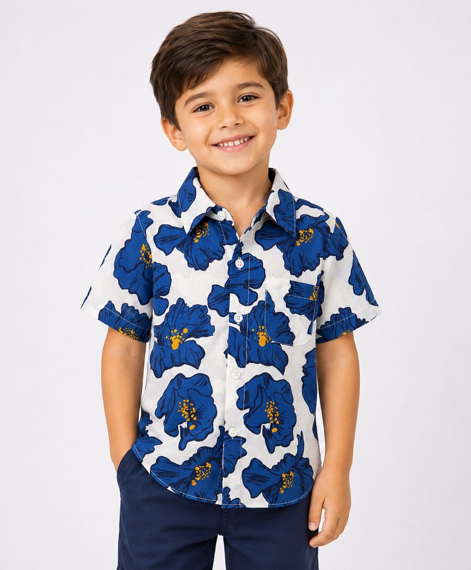 CrayonFlakes Cotton Woven Half Sleeves Floral Printed Shirt - White-picture-38