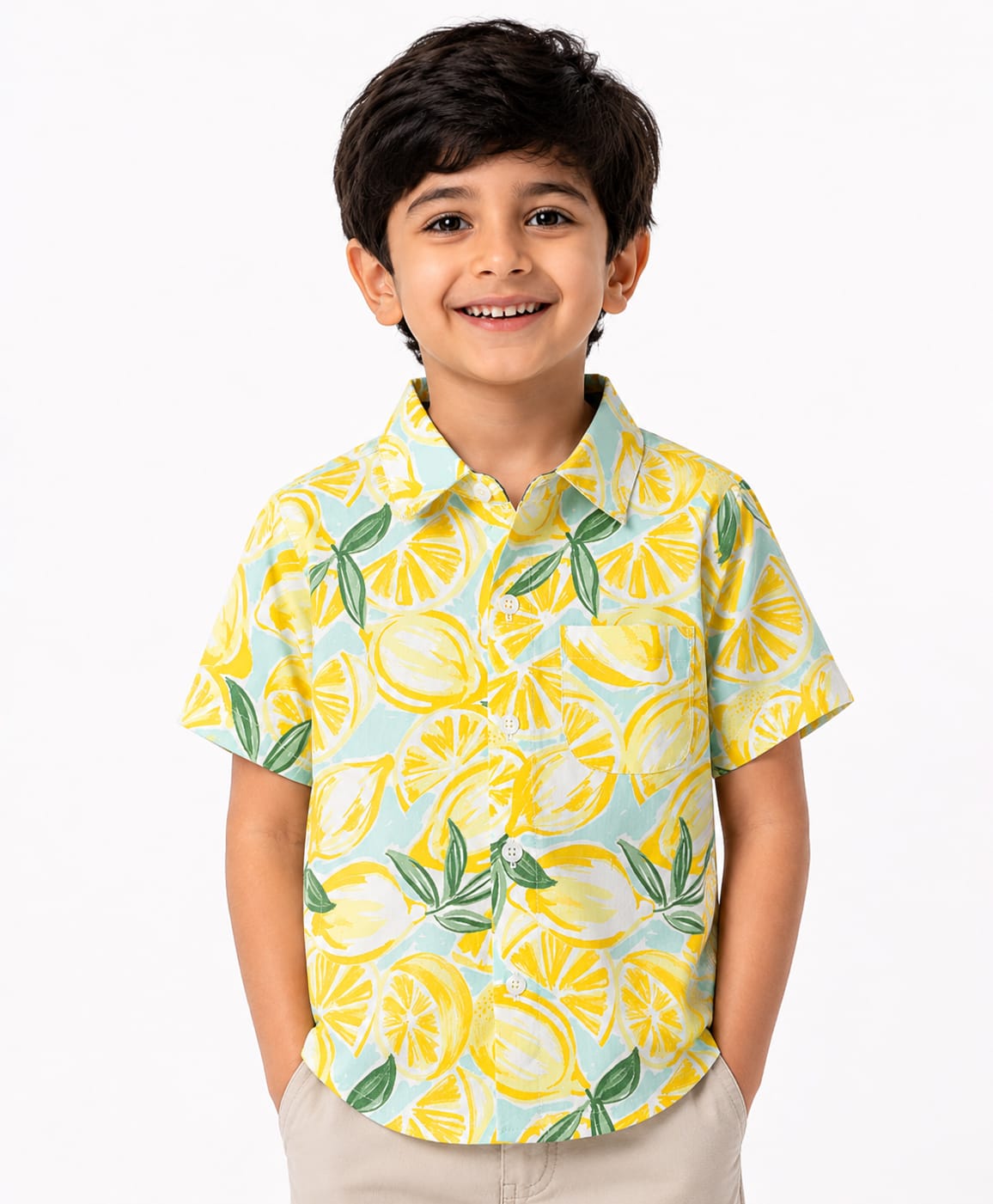 CrayonFlakes Cotton Woven Half Sleeves Lemon Printed Shirt - White-picture-26