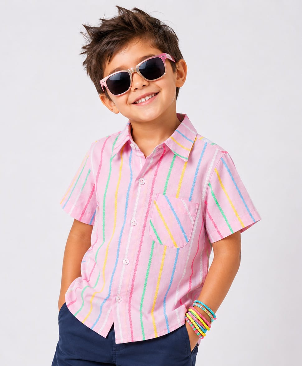 CrayonFlakes Cotton Woven Half Sleeves Striped Shirt - Pink-picture-14