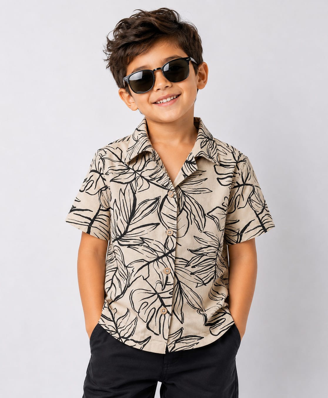 CrayonFlakes Cotton Woven Half Sleeves Leaves Printed Shirt - Beige-picture-33