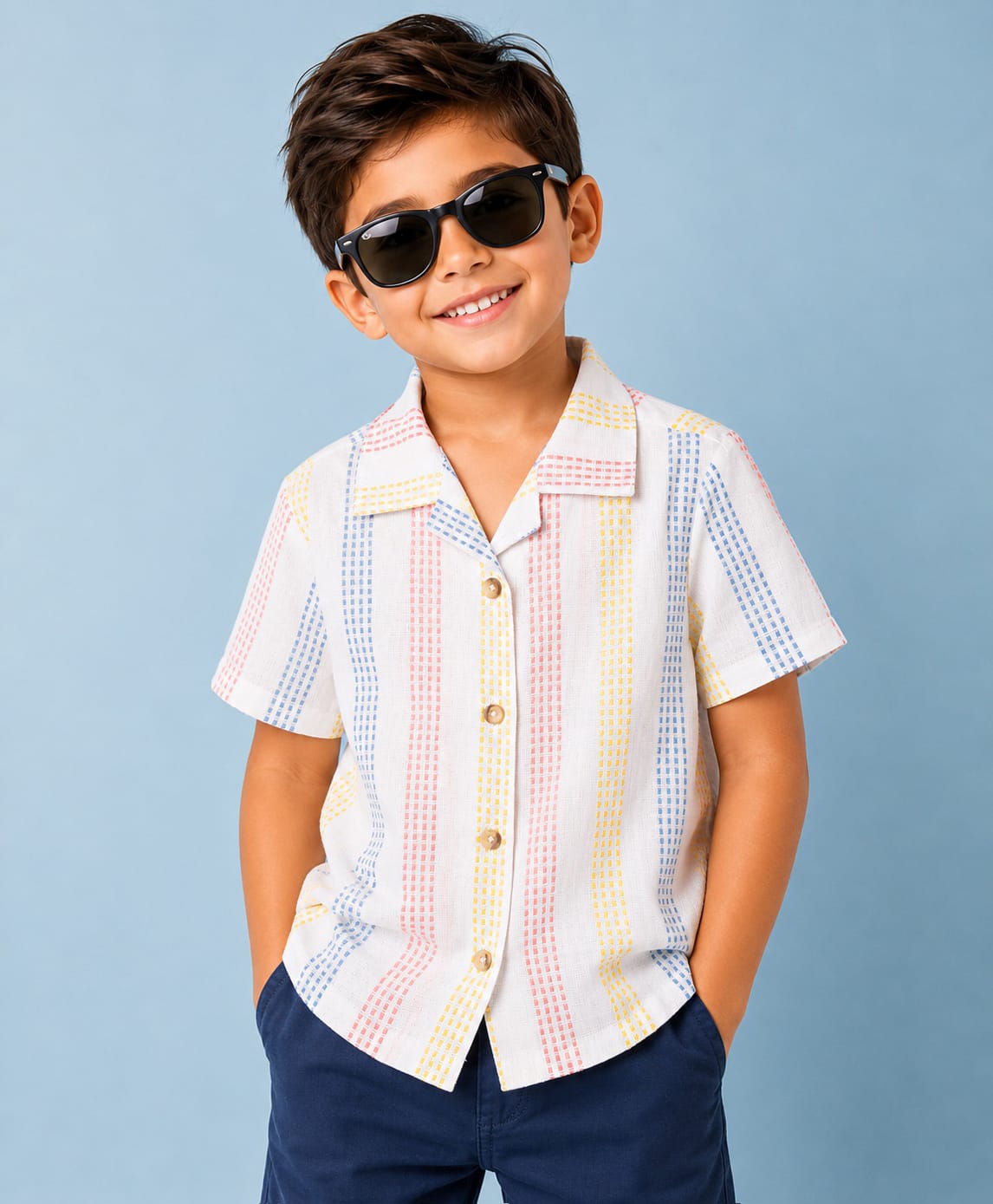 CrayonFlakes Cotton Woven Half Sleeves Striped Shirt - White-picture-0