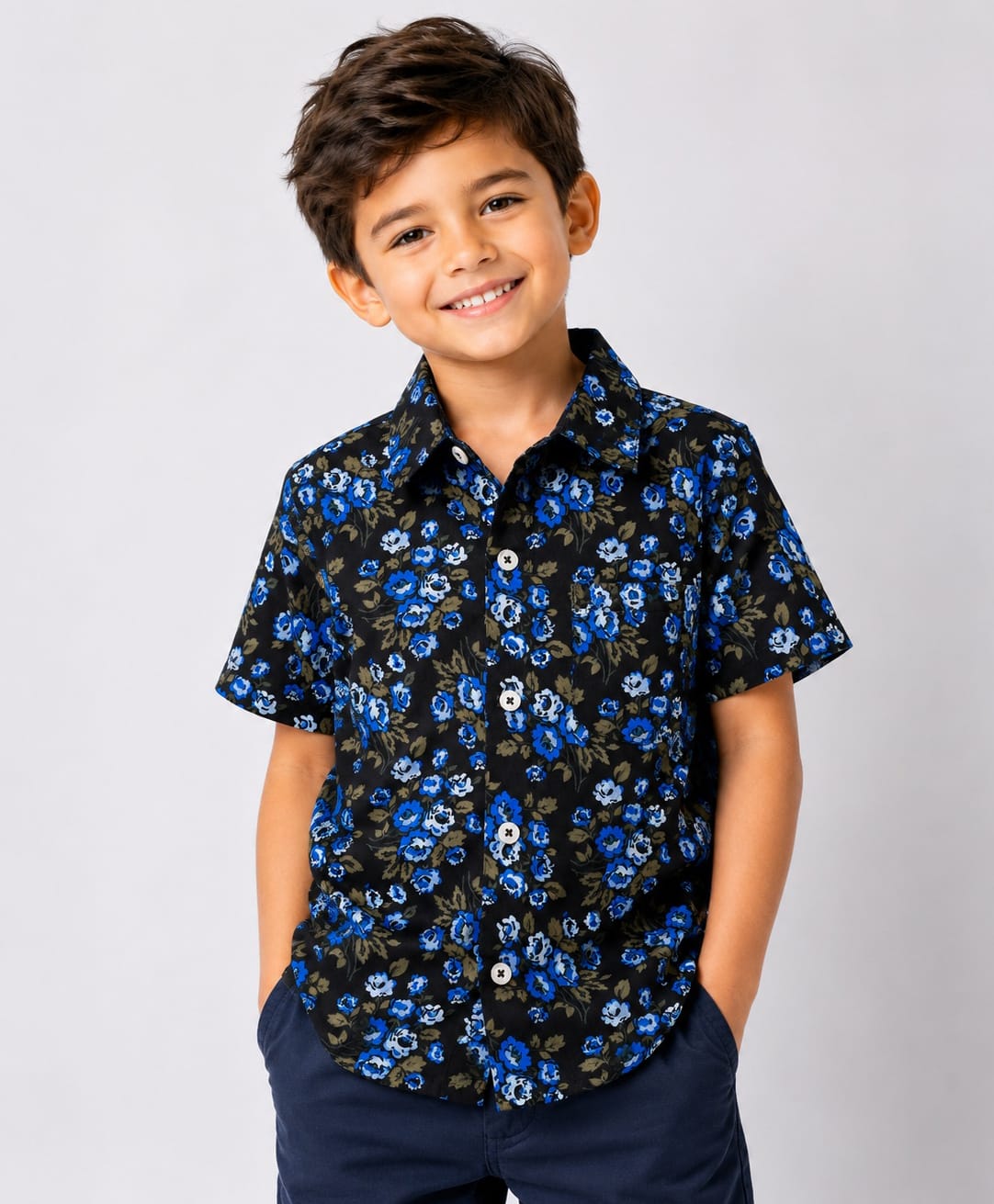 CrayonFlakes Cotton Woven Half Sleeves Floral Printed Shirt - Black-image-21