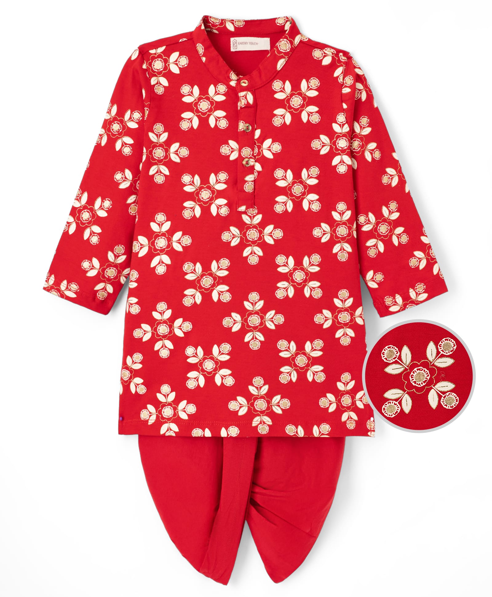 EARTHY TOUCH Cotton Jersey Knit Full Sleeves Kurta Dhoti Set With Floral Print - Red-picture-22