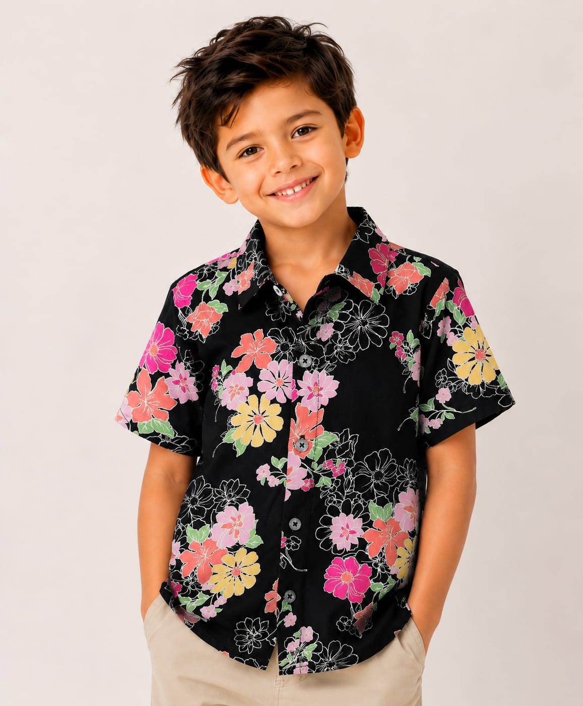 CrayonFlakes Cotton Woven Half Sleeves Floral Printed Shirt - Black-picture-18