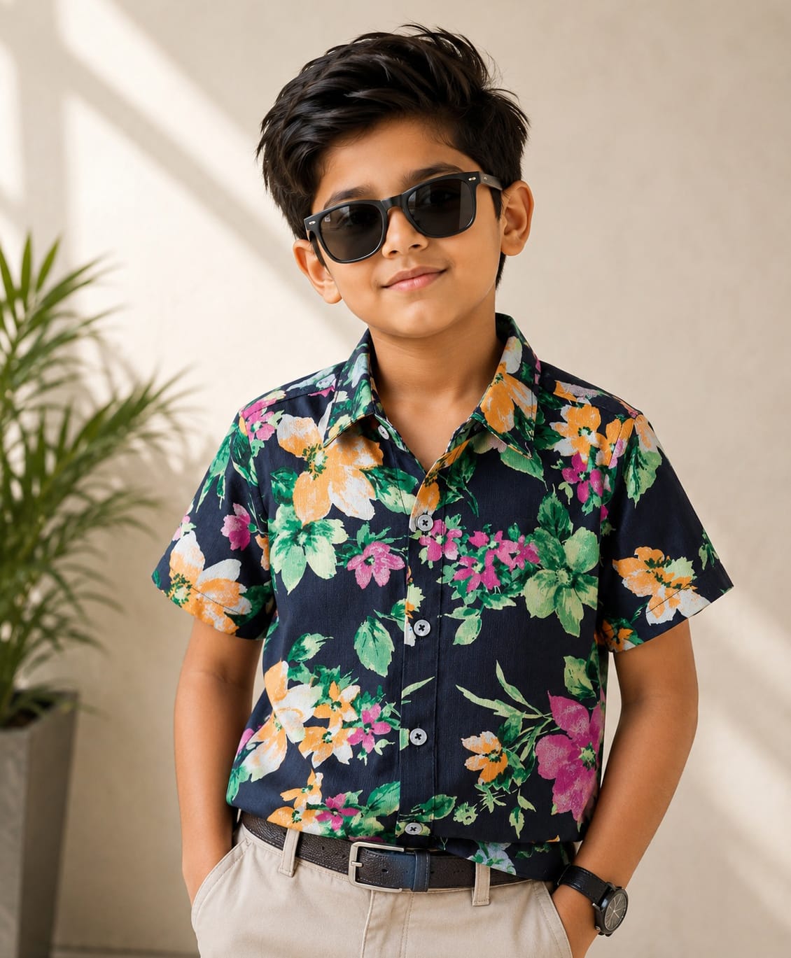 CrayonFlakes Cotton Woven Half Sleeves Floral Printed Shirt - Navy Blue-picture-29