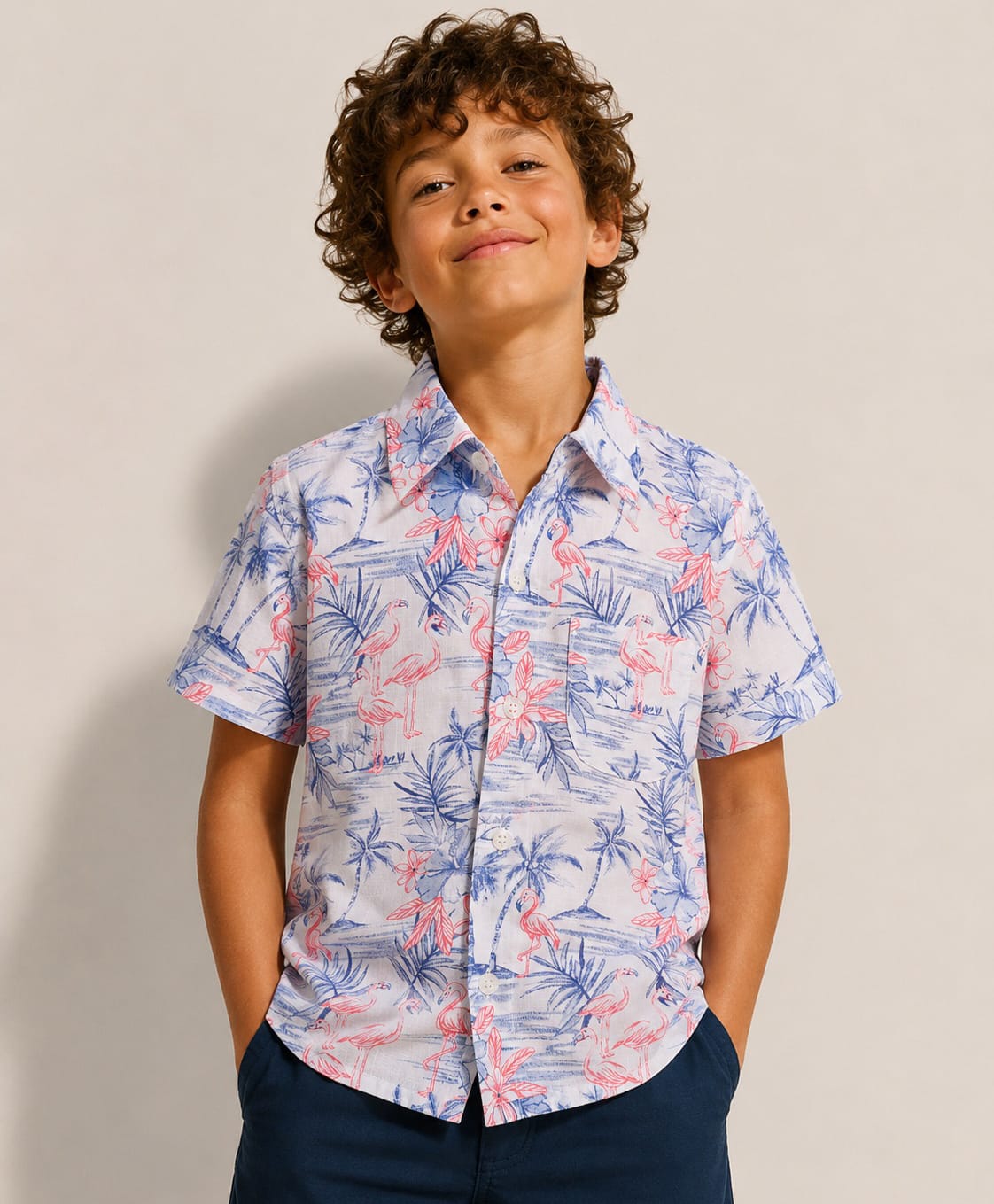CrayonFlakes Cotton Woven Half Sleeves Palm Tree & Flamingo Printed Shirt - Off White-picture-23