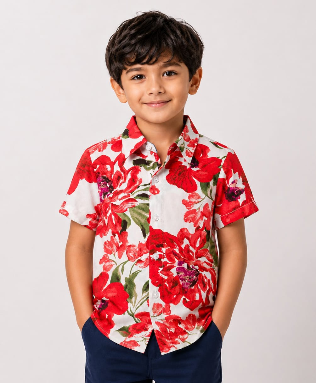 CrayonFlakes Cotton Woven Half Sleeves Floral Printed Shirt - Off White-picture-26