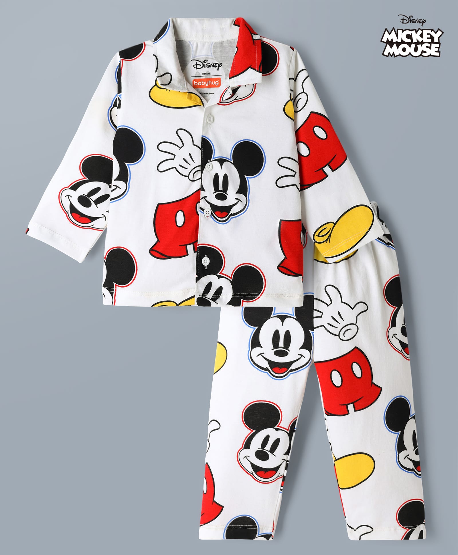Babyhug Disney 100% Cotton Knit Full Sleeves Co-Ords Shirt & Pyjama Night Suit With Mickey Mouse Graphic - White-image-31