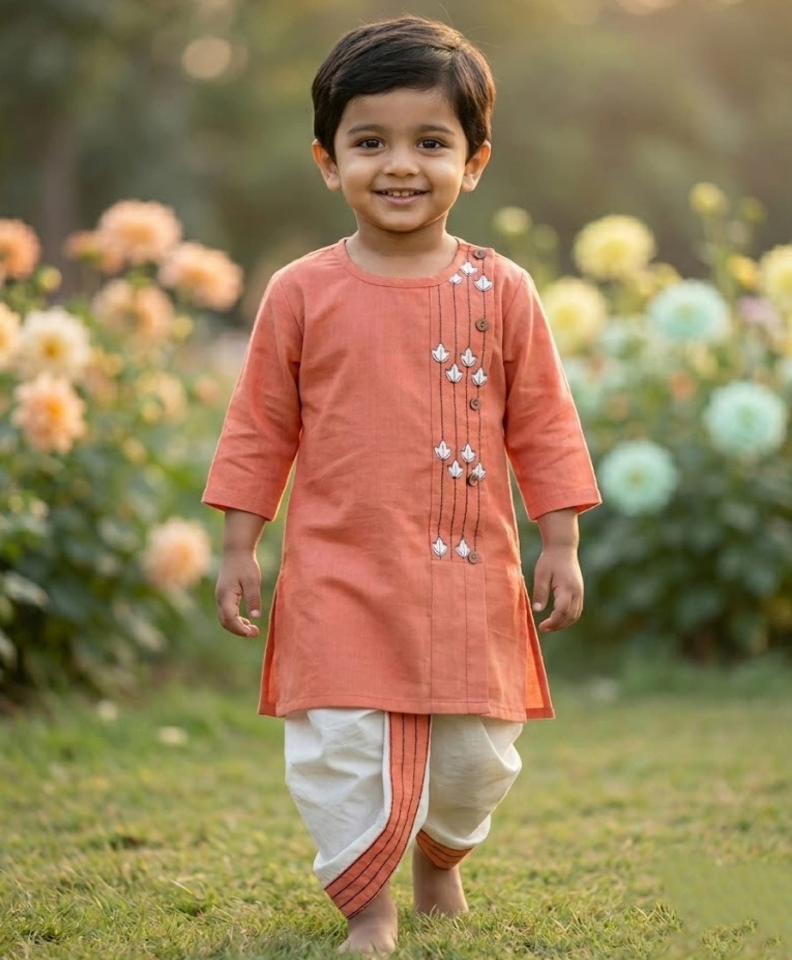 Desi Soota Cotton Woven Full Sleeves Floral Embroidered Kurta Dhoti Set - Coral-picture-10
