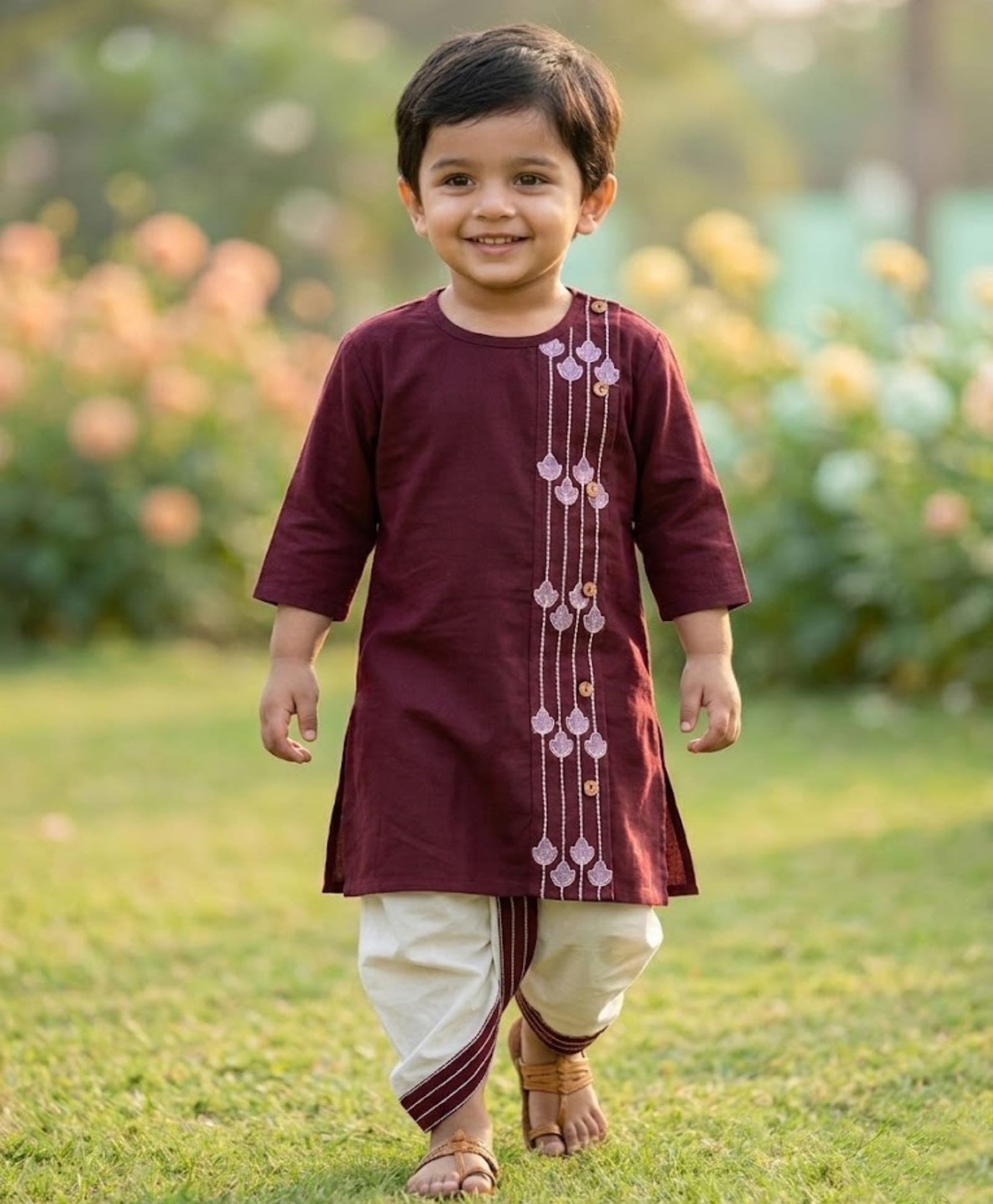 Desi Soota Cotton Woven Full Sleeves Floral Embroidered Kurta Dhoti Set - Maroon-picture-24
