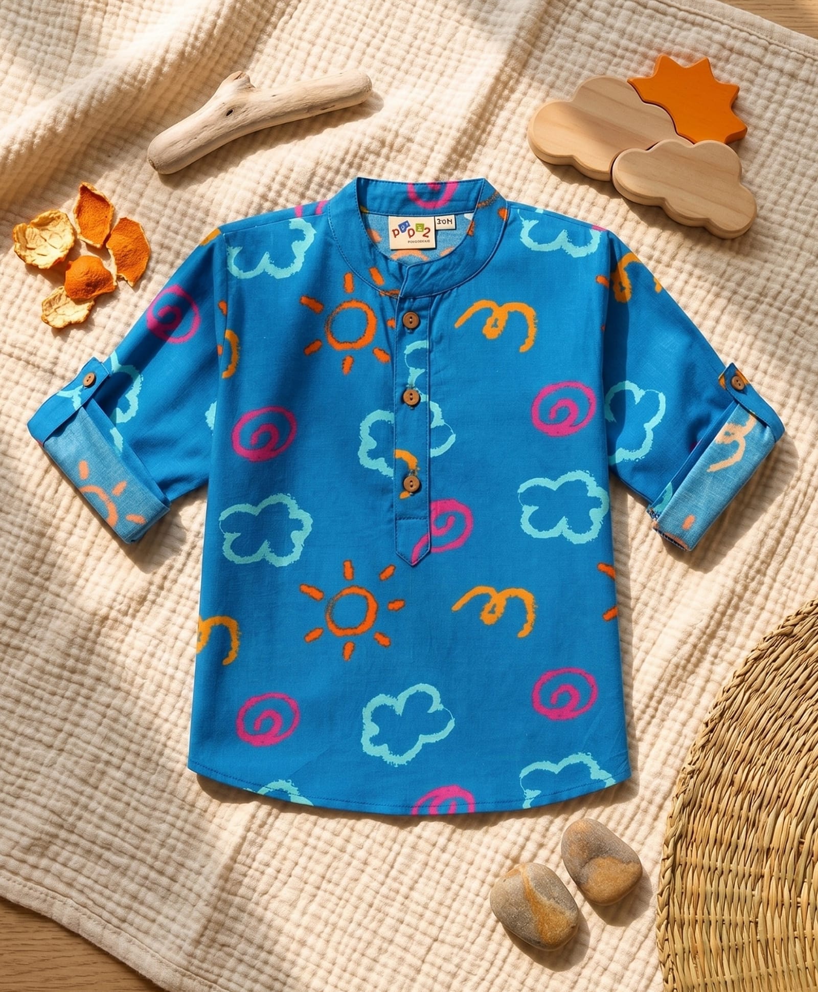 Desi Soota Cotton Woven Full Sleeves Clouds & Sun Printed Kurta - Blue-picture-20