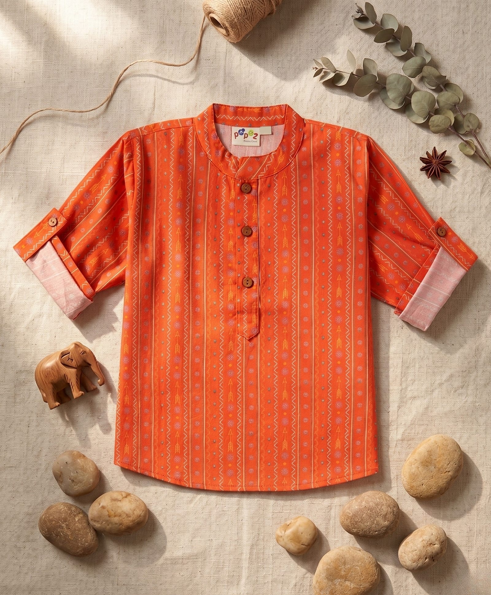 Desi Soota Cotton Woven Full Sleeves Floral & Arrow Printed Printed Kurta - Orange-picture-13