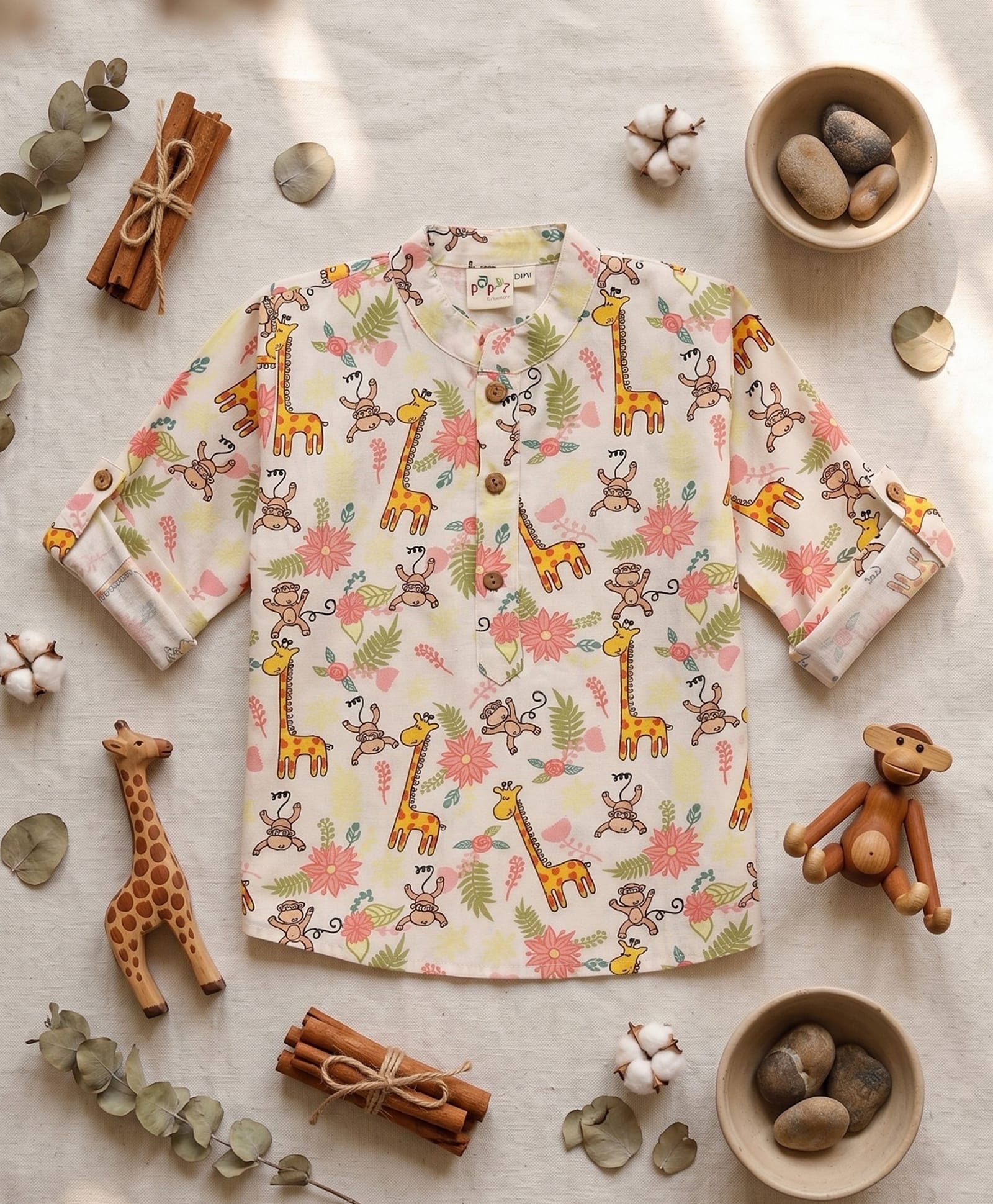 Desi Soota Cotton Woven Full Sleeves Floral Giraffe & Monkey Printed Printed Kurta - White-image-41