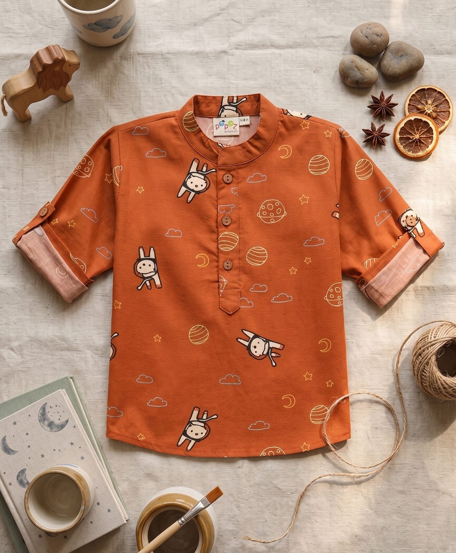 Desi Soota Cotton Woven Full Sleeves Cat In Space Printed Kurta - Rust Orange-picture-26