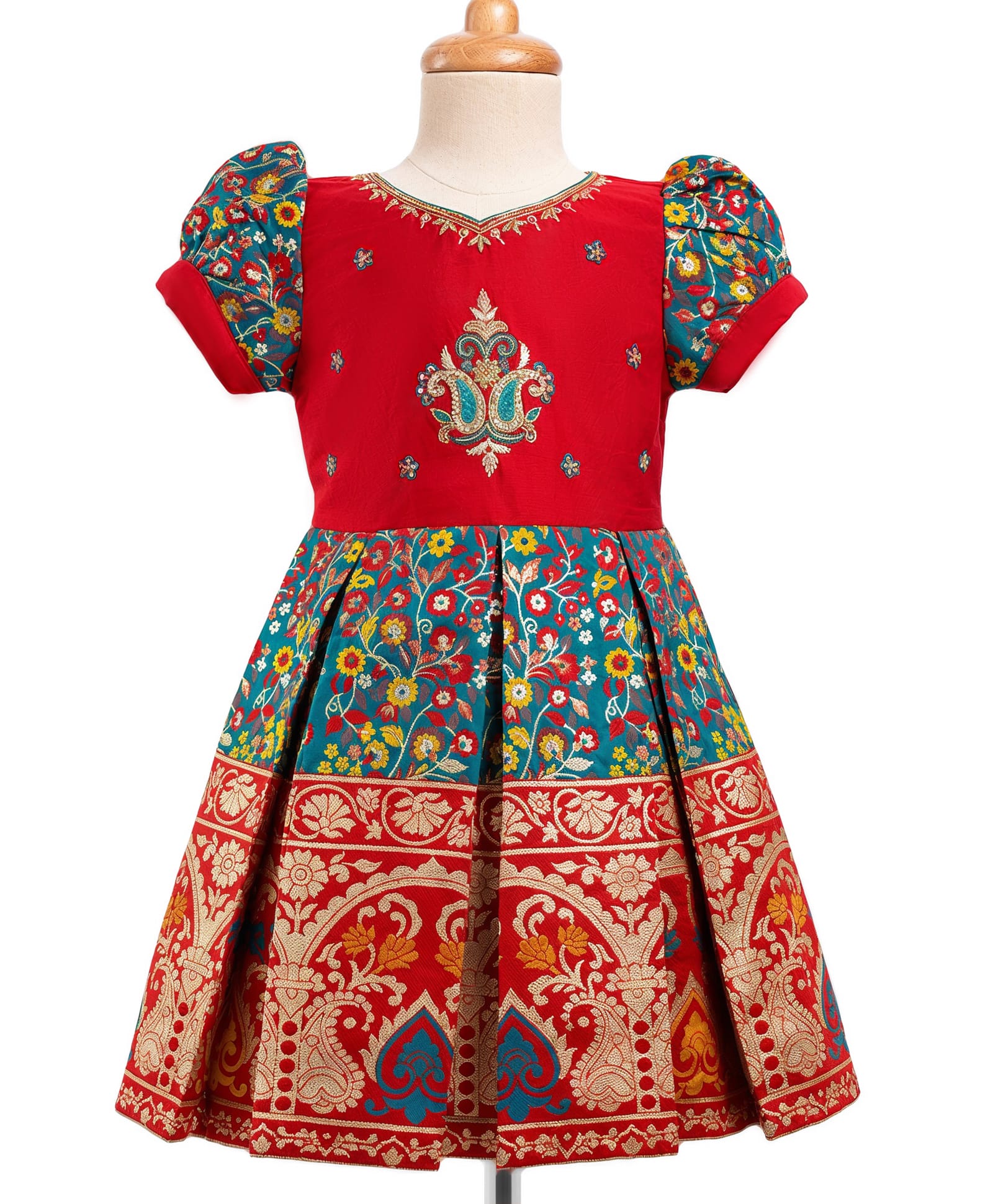 Enfance Silk Knit Half Puffed Sleeves Floral Embroidered Pattu Pavdai Dress - Red-picture-18