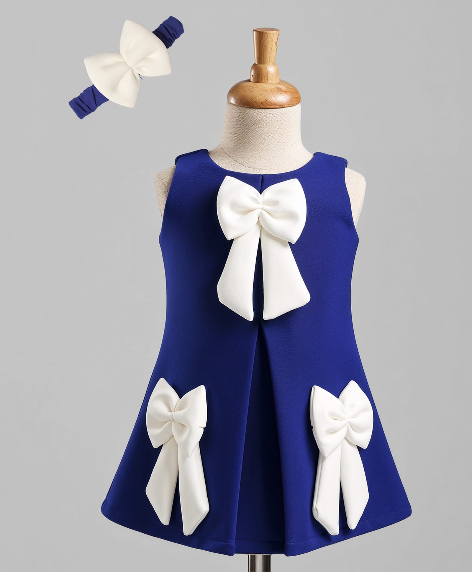 Enfance Woven Sleeveless Party Dress With Bow Applique & Headband - Royal Blue-picture-4