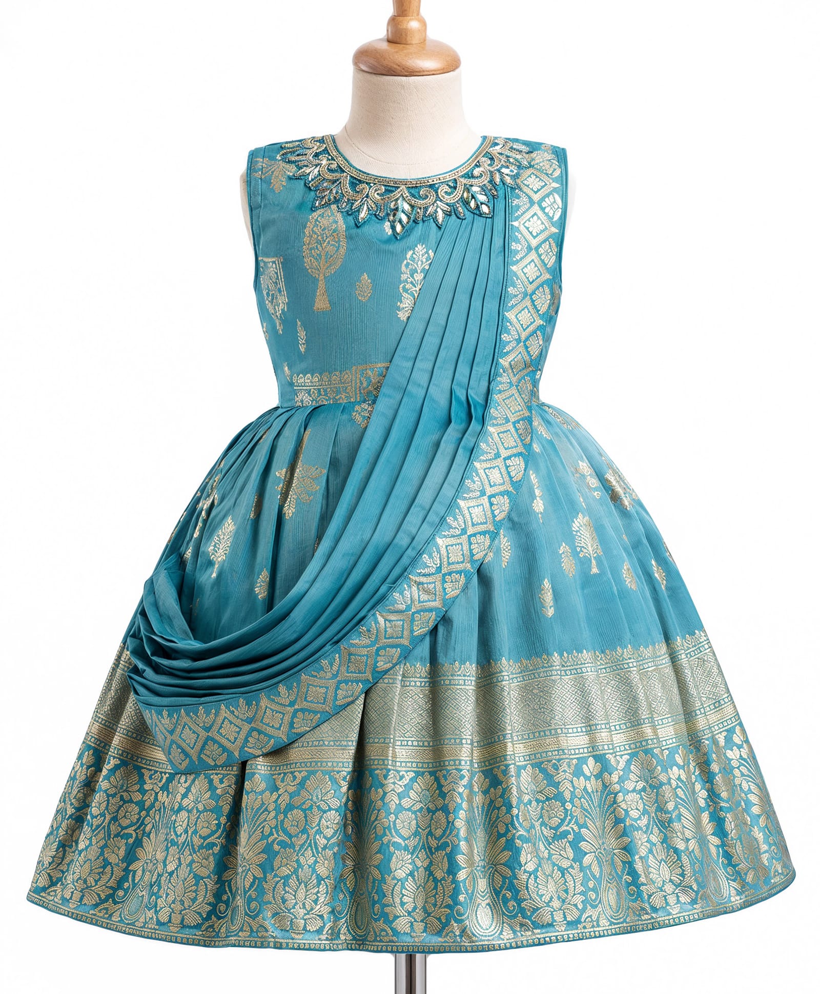 Enfance Silk Knit Sleeveless Banarasi Foil Printed & Embroidered Pattu Dress With Attached Dupatta - Turquoise-picture-32