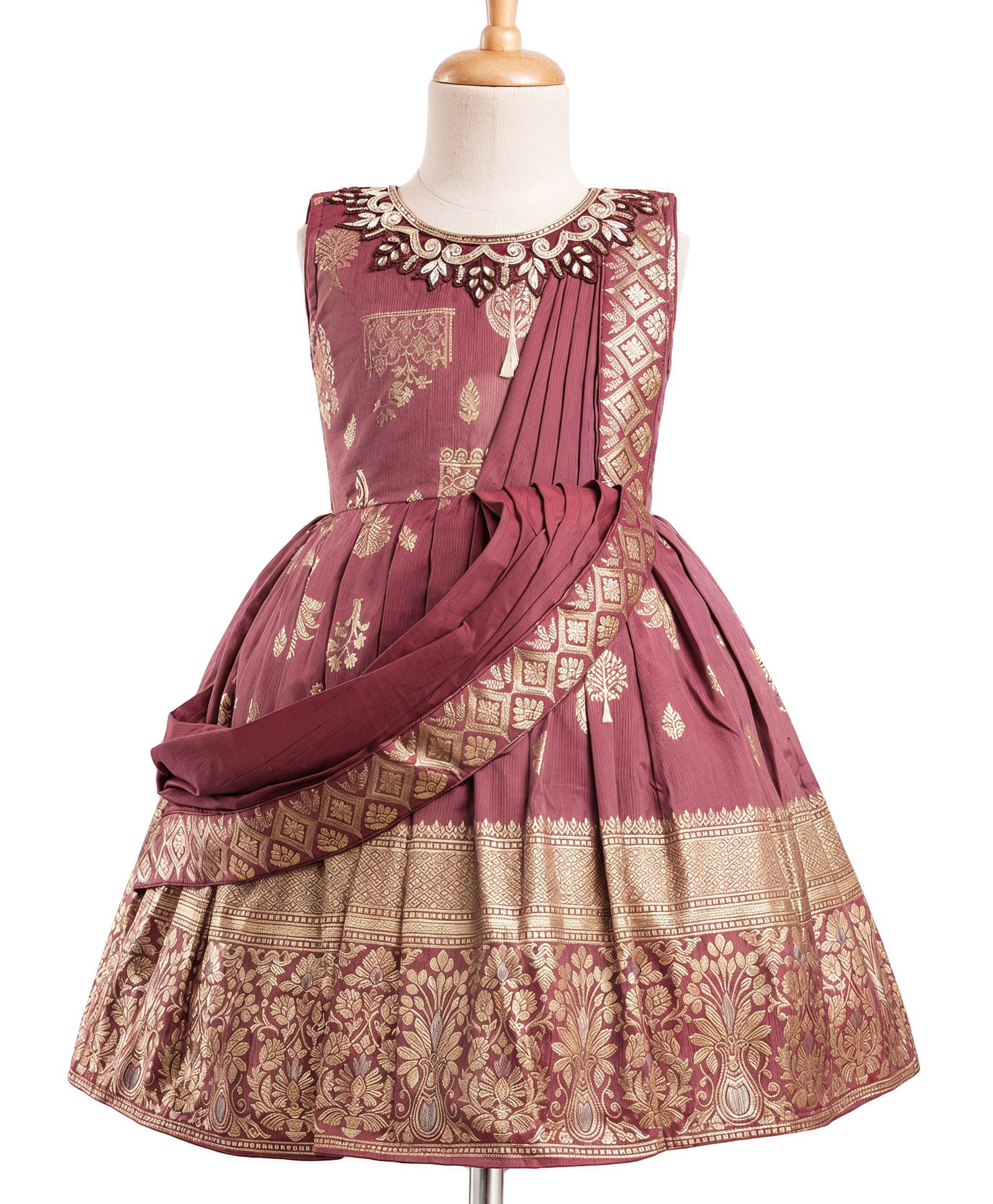 Enfance Silk Knit Sleeveless Banarasi Foil Printed & Embroidered Pattu Dress With Attached Dupatta - Wine-picture-31