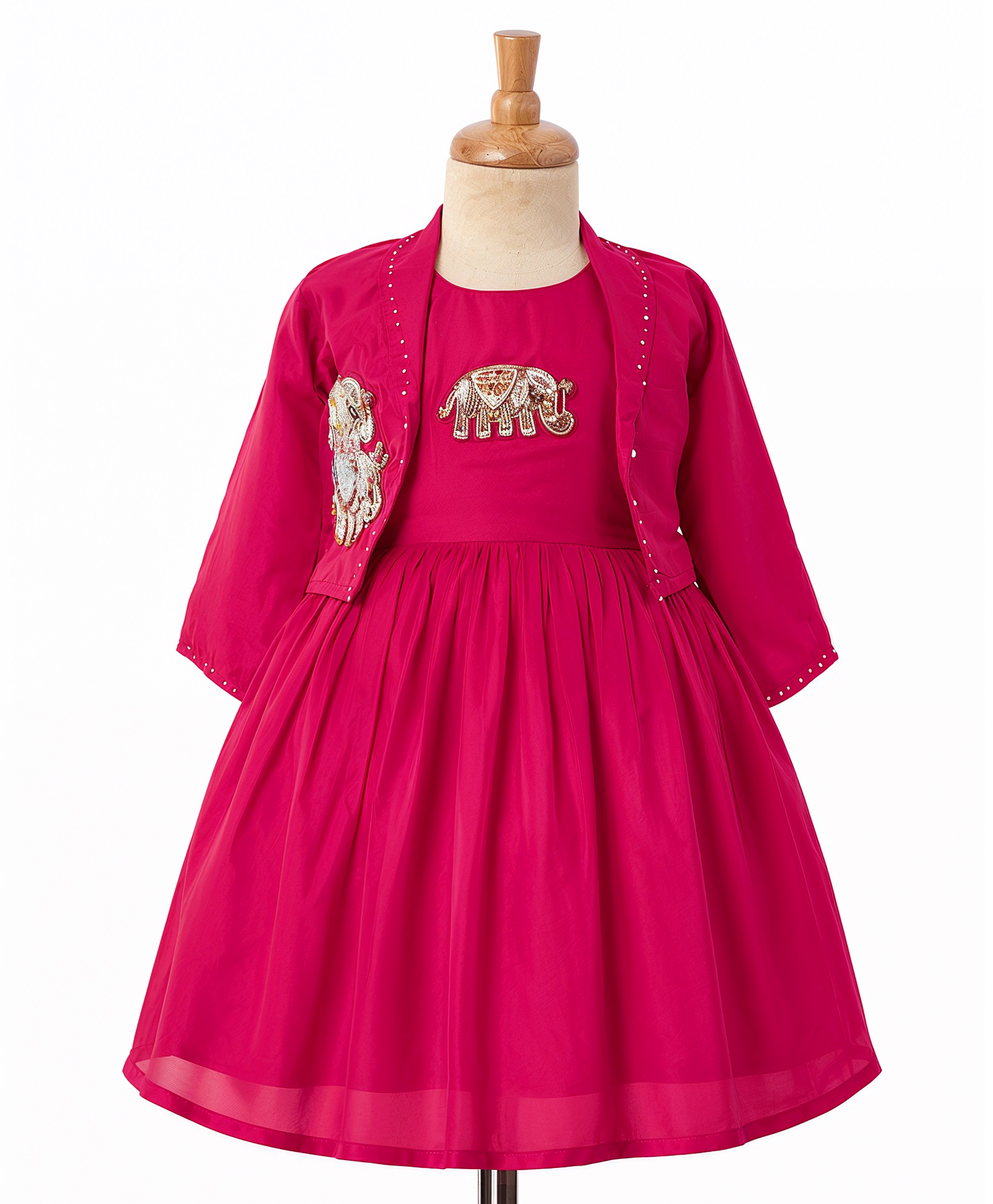 Enfance Knit Three Forth Sleeves Elephant Embroidered Frock With Jacket - Dark Pink-image-19