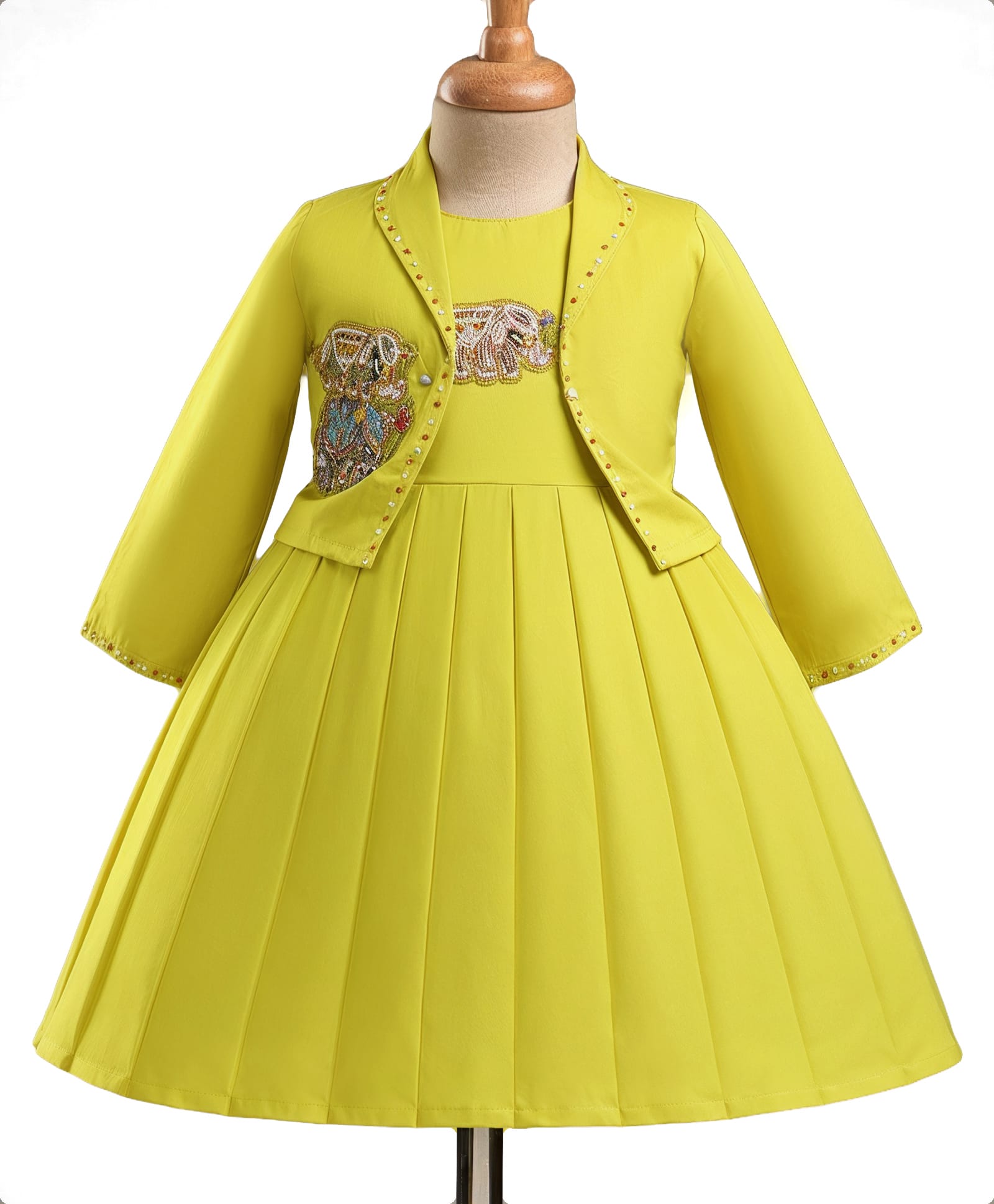 Enfance Knit Three Forth Sleeves Elephant Embroidered Frock With Jacket - Neon Green-picture-10