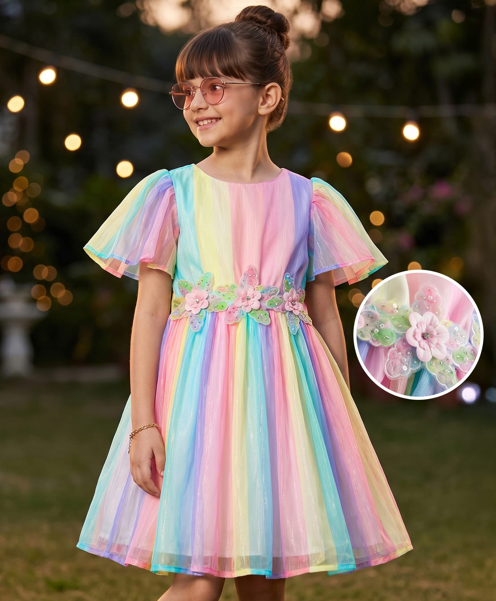 Hola Bonita Woven Multi Stripe Printed Half Sleeves Party Dress With Corsage - Pink, Purple & Yellow-image-2