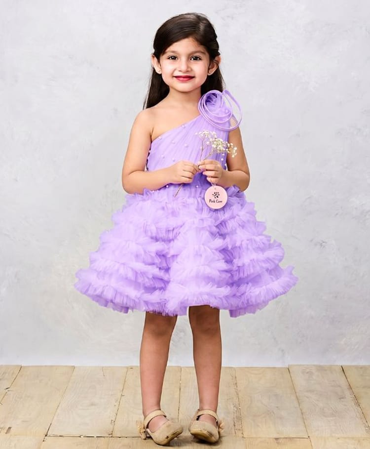 PinkCow Net Woven Sleeveless Pearl Embellished Floral Applique & Ruffle Detailed Layered Dress - Lavender-image-28