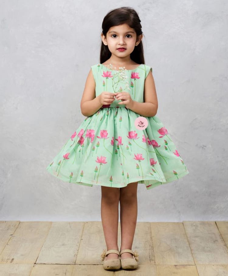 PinkCow Cotton Woven Sleeveless Floral Printed Dress - Light Green-image-21