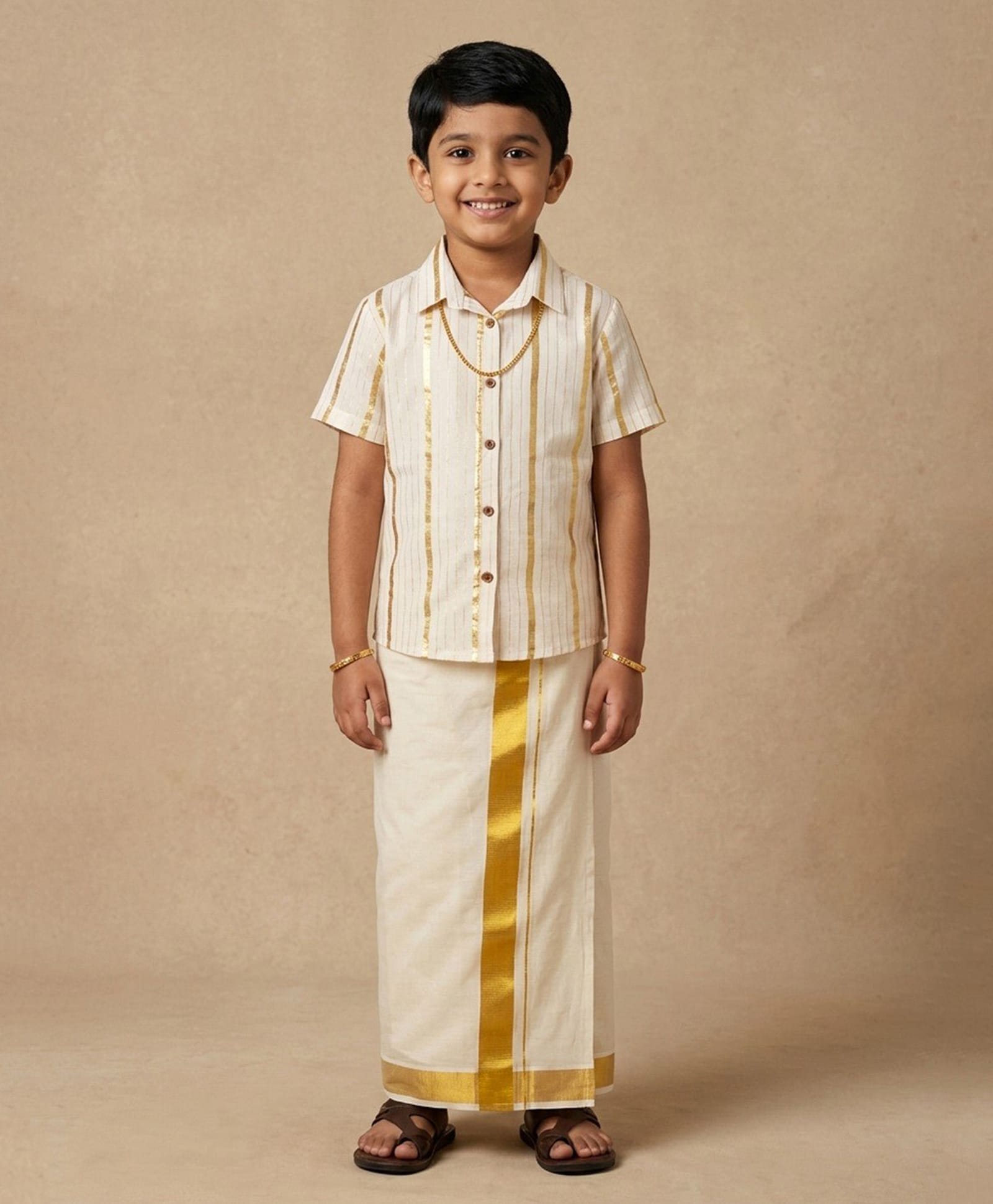 The Mom Store Cotton Blend Woven Half Sleeves Striped Shirt & Mundu Lungi Set - Off White-picture-4