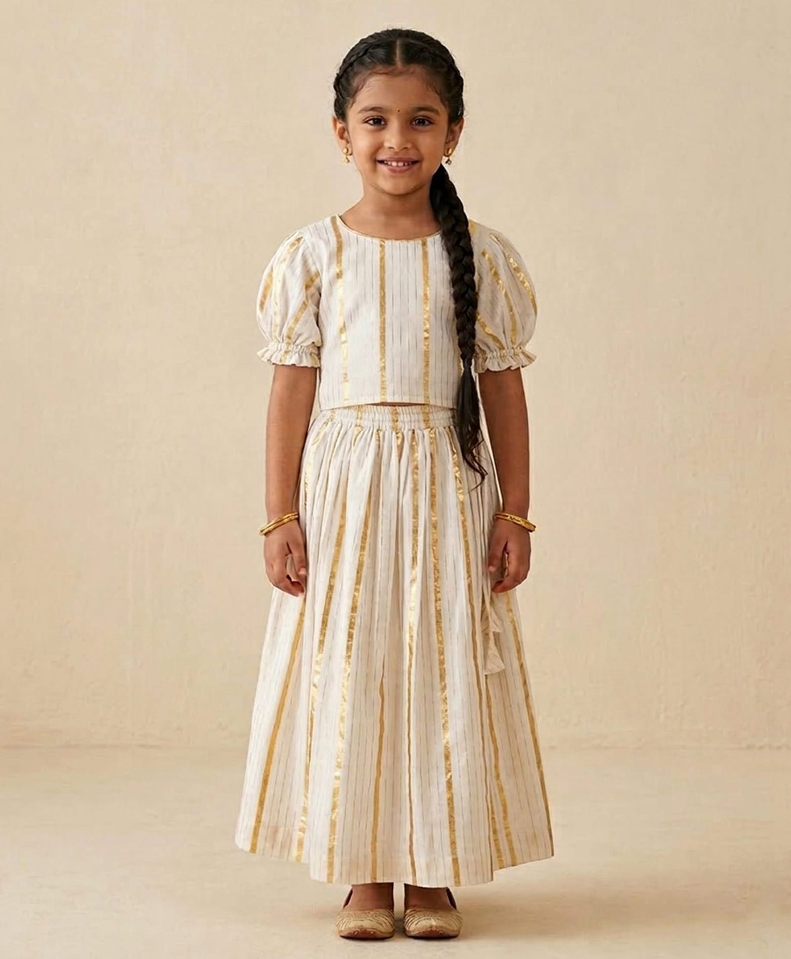 The Mom Store Cotton Blend Woven Half Puffed Sleeves Striped Lehenga Choli Set - Off White-image-44